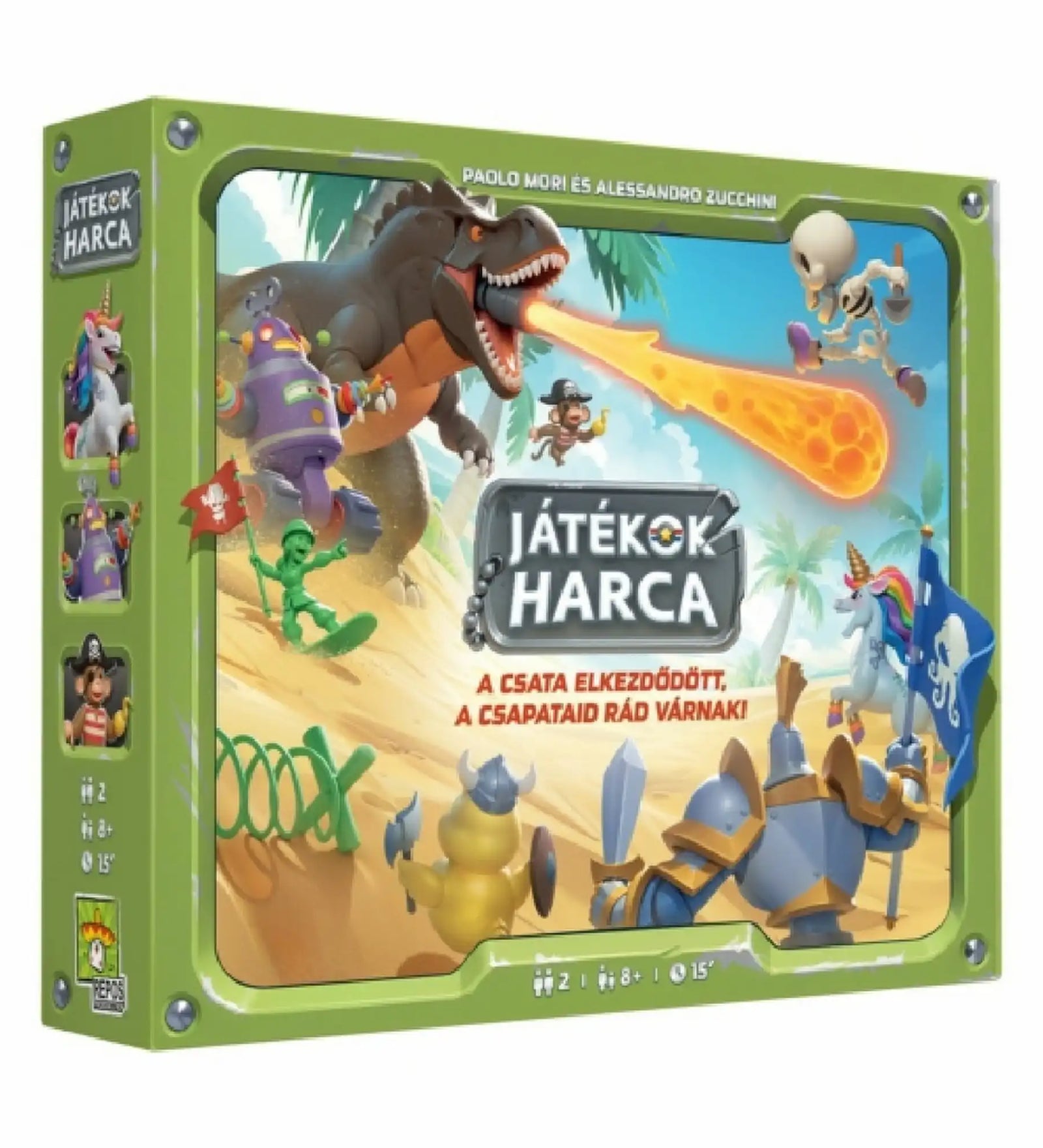 Játékok Harca társasjáték doboza, amelyen egy dinoszaurusz, robot, kalóz, csontváz, unikornis és lovag látható egy humoros csatatéren. A stratégiai társasjáték 2 játékos számára készült.