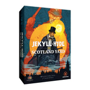 A Jekyll & Hyde vs Scotland Yard társasjáték doboza, amelyen Dr. Jekyll és Mr. Hyde alakja látható London sötét éjszakájának hátterében, a Scotland Yard nyomozóival szemben.