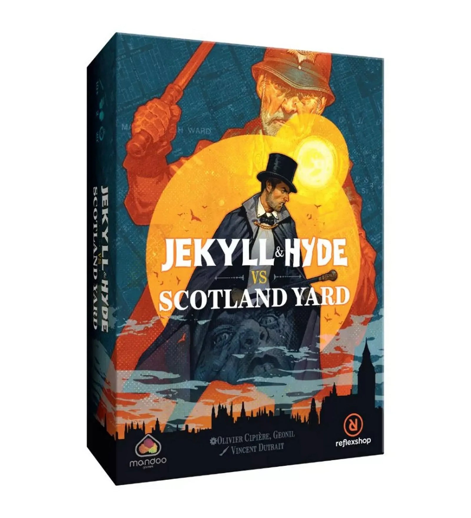 A Jekyll & Hyde vs Scotland Yard társasjáték doboza, amelyen Dr. Jekyll és Mr. Hyde alakja látható London sötét éjszakájának hátterében, a Scotland Yard nyomozóival szemben.