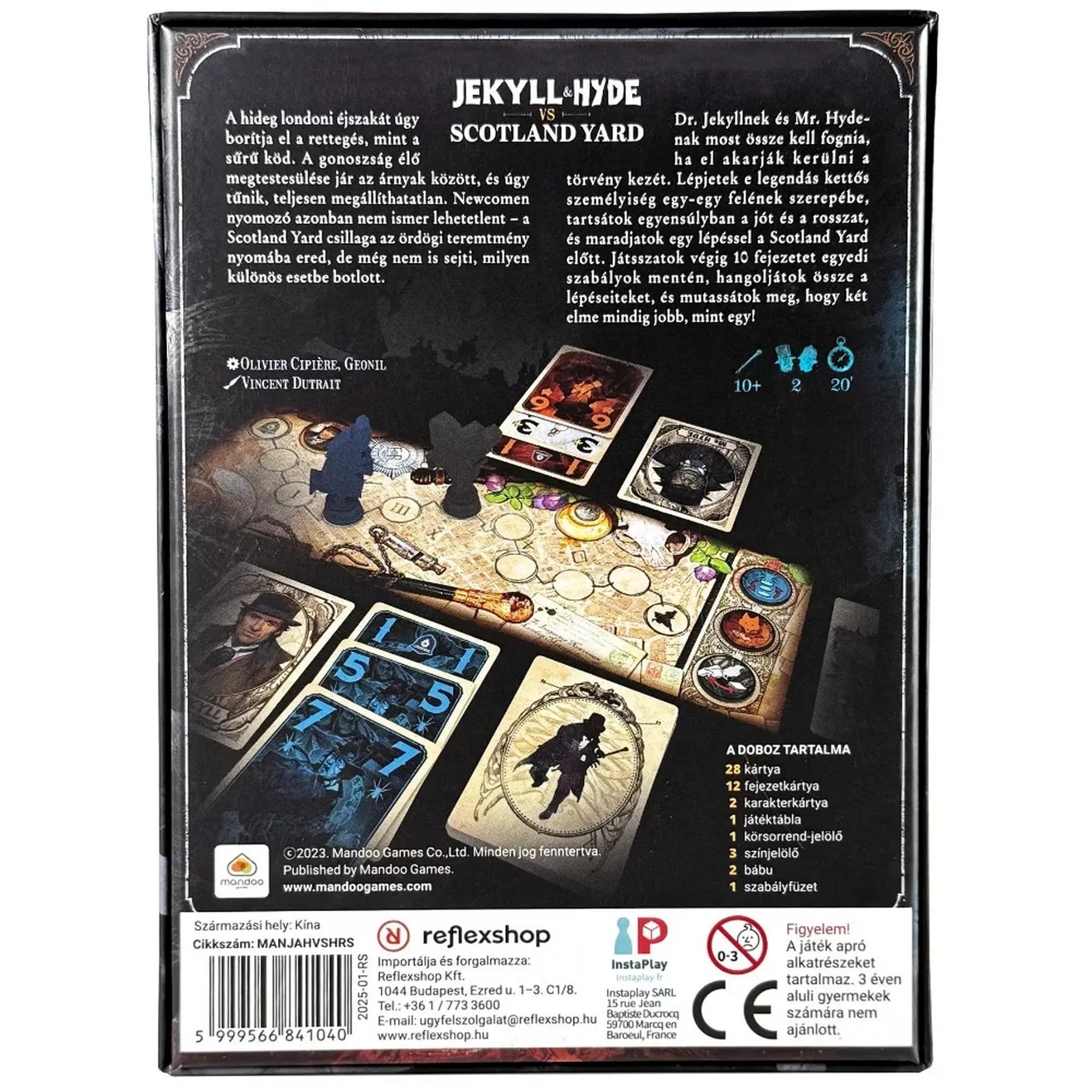 A Jekyll & Hyde vs Scotland Yard társasjáték hátlapja, részletes leírással és illusztrált játéktábla-részlettel. A kép bemutatja a játékelemeket, köztük a kártyákat és figurákat.