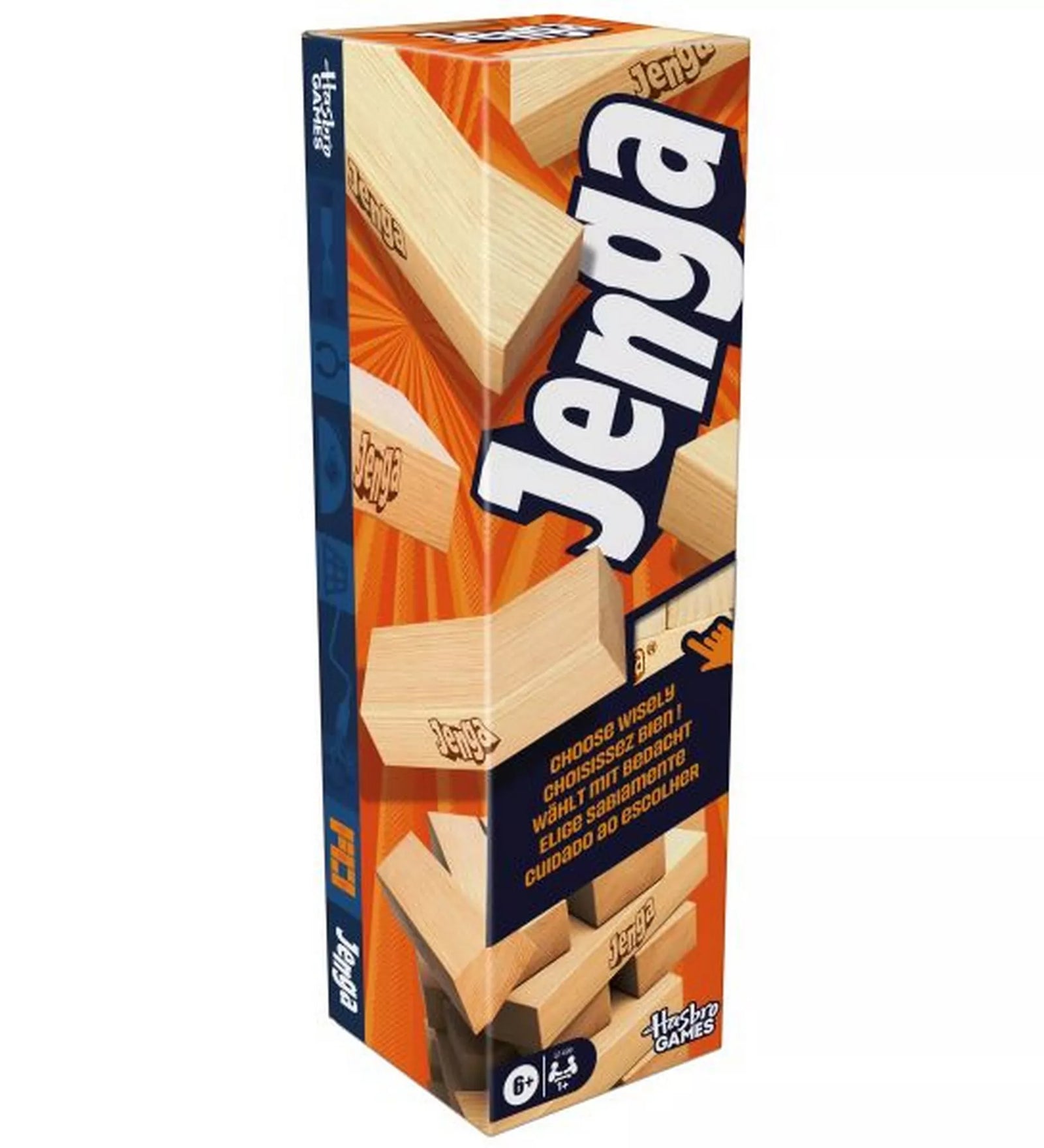 A klasszikus Jenga társasjáték doboza döntött nézetben, narancssárga háttérrel és fa építőelemekkel díszítve.”