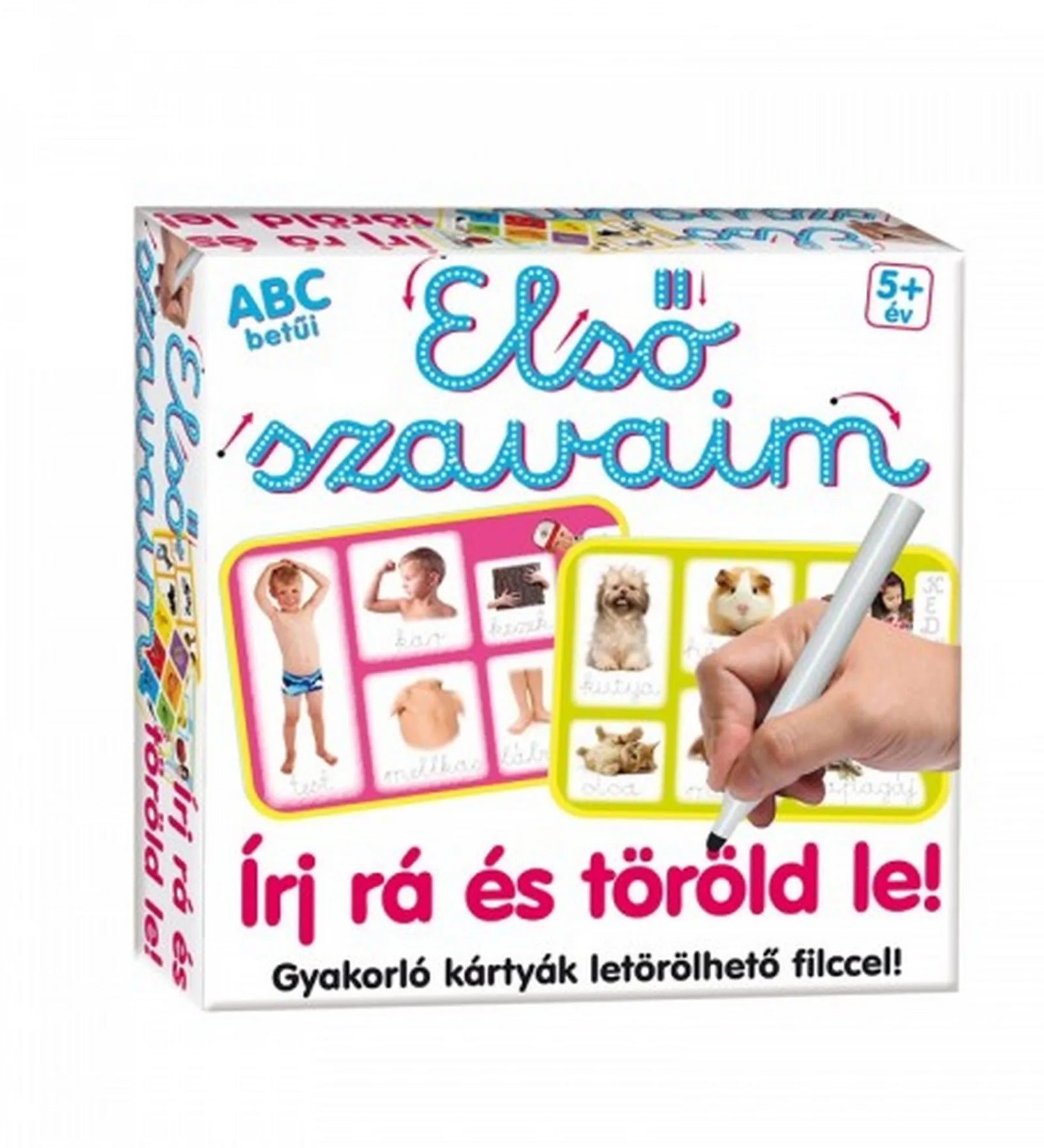 ABC betűi – Első szavaim társasjáték dobozának előlapja, letörölhető kártyákkal, képes feladatokkal és írható-rajzolható gyakorló felülettel.