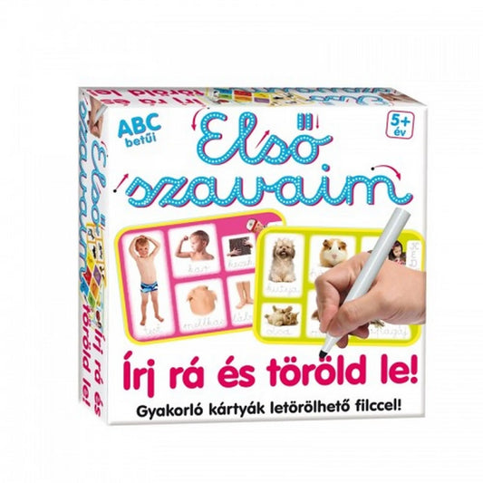 ABC betűi – Első szavaim társasjáték dobozának előlapja, letörölhető kártyákkal, képes feladatokkal és írható-rajzolható gyakorló felülettel.
