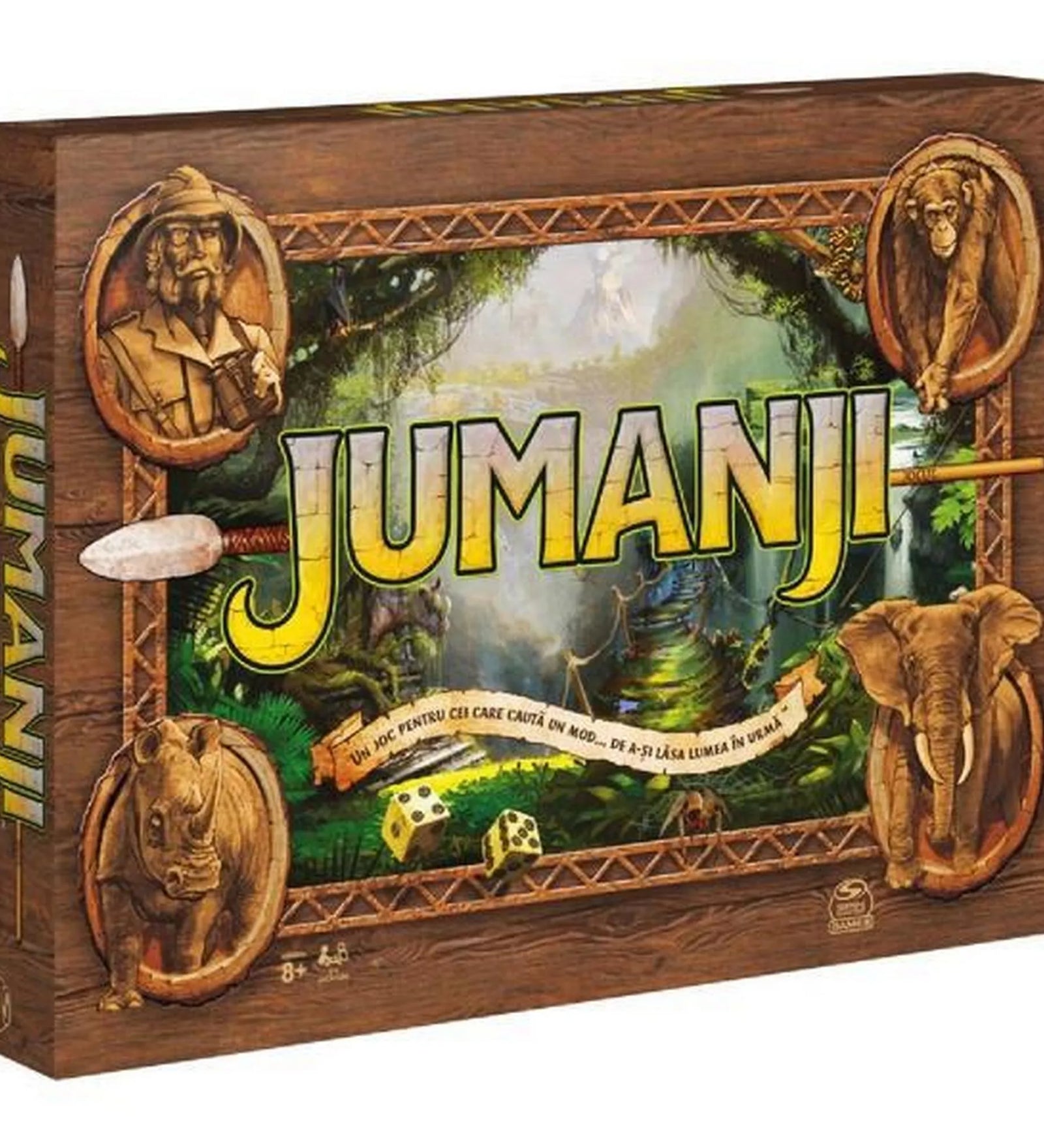 A Jumanji társasjáték ikonikus doboza fa mintázatú kerettel és dzsungeles háttérrel. A borítón a híres sárga JUMANJI felirat látható, körülötte állatfigurákkal: elefánt, orrszarvú, majom és egy kalapos felfedező domborműve díszíti.