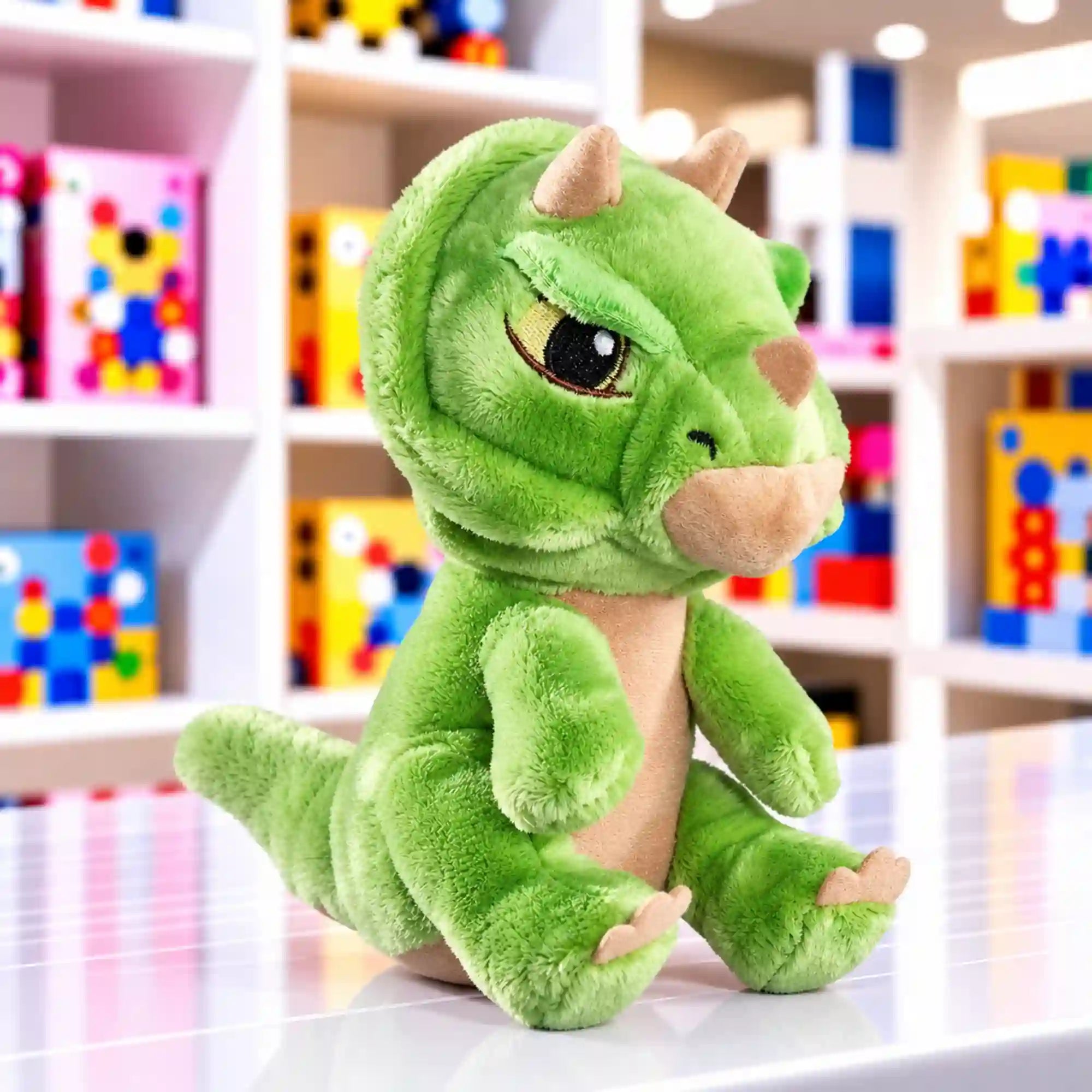 Zöld dinoszaurusz plüssfigura – puha, ülő dinoszaurusz bézs szarvakkal és nagy, hímzett szemekkel.