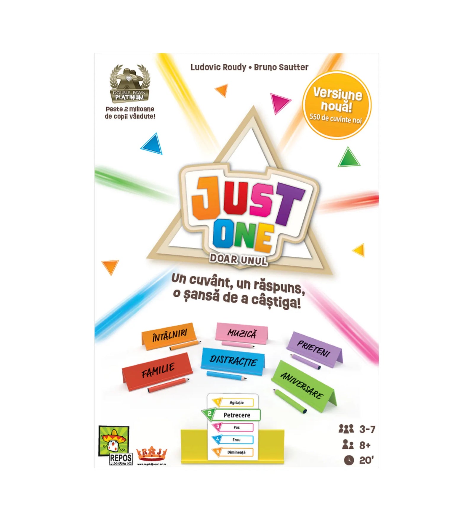 Just One – Versiune nouă! román nyelvű társasjáték dobozának eleje, színes feliratokkal és játékelemekkel.