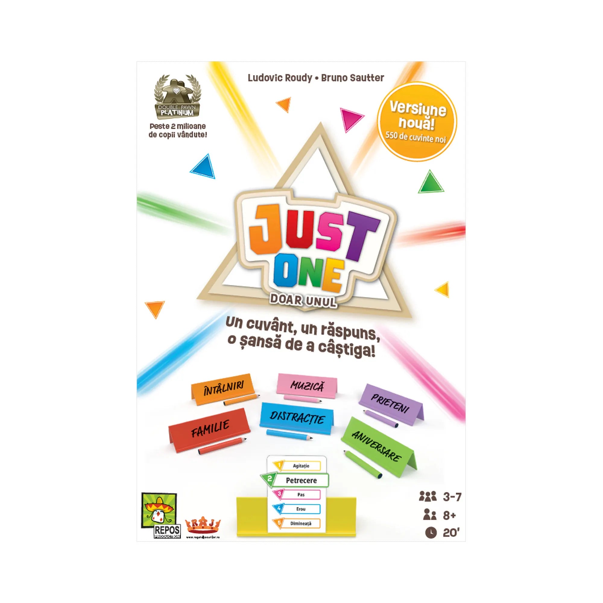 Just One – Versiune nouă! román nyelvű társasjáték dobozának eleje, színes feliratokkal és játékelemekkel.
