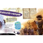 A "Kalózok" című könyv egyik oldalán egy kapitány tart egy tekercset, miközben mögötte kalózok állnak. A szöveg a kalóztörvényekről és büntetésekről szól.