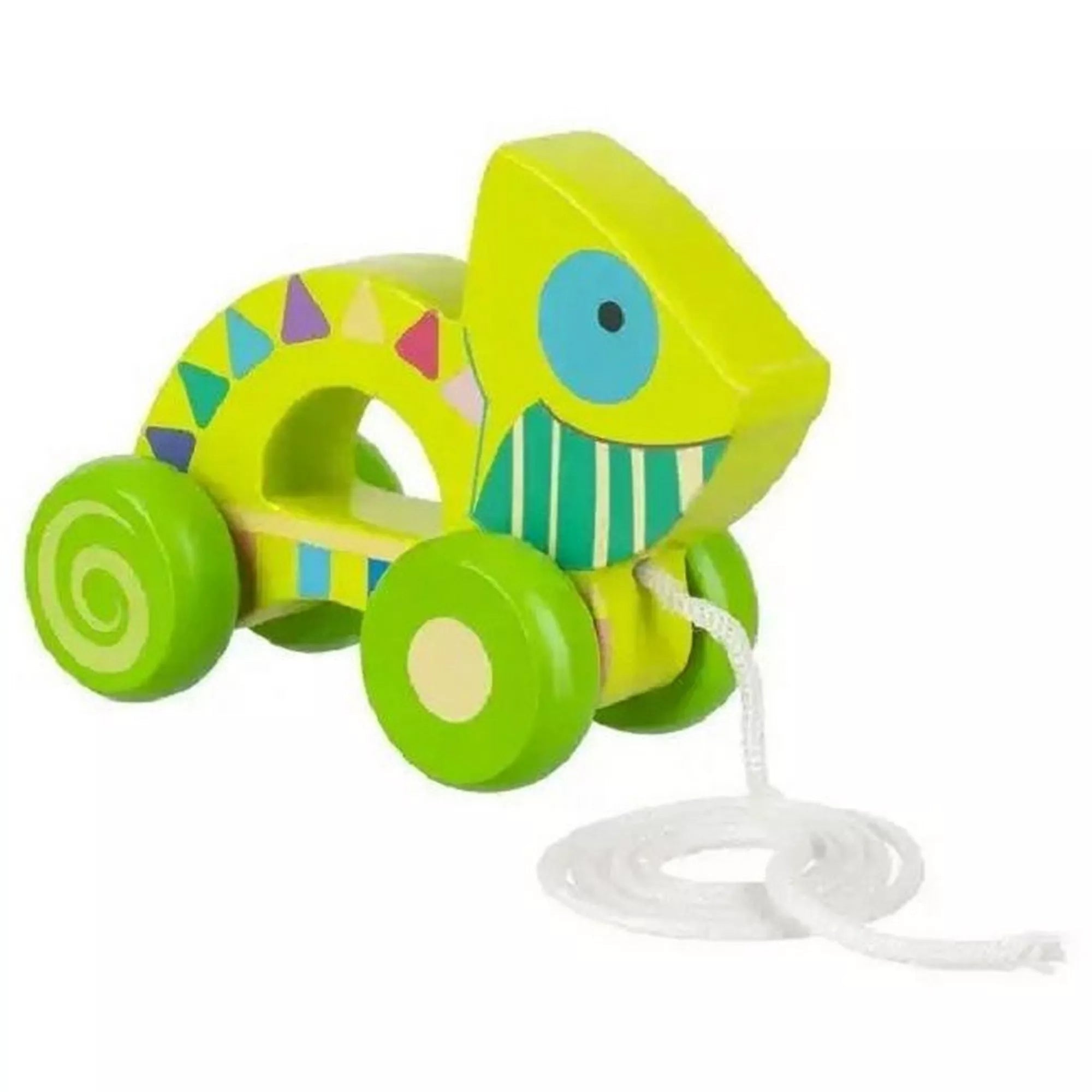 A Kaméleon, Húzós játék az Orange Tree Toys-tól: élénk zöld színű, fából készült húzható kaméleon, fehér húzózsinórral. A vidám, geometrikus minták és a mozgatható kerekek játékra és mozgásra ösztönzik a legkisebbeket.