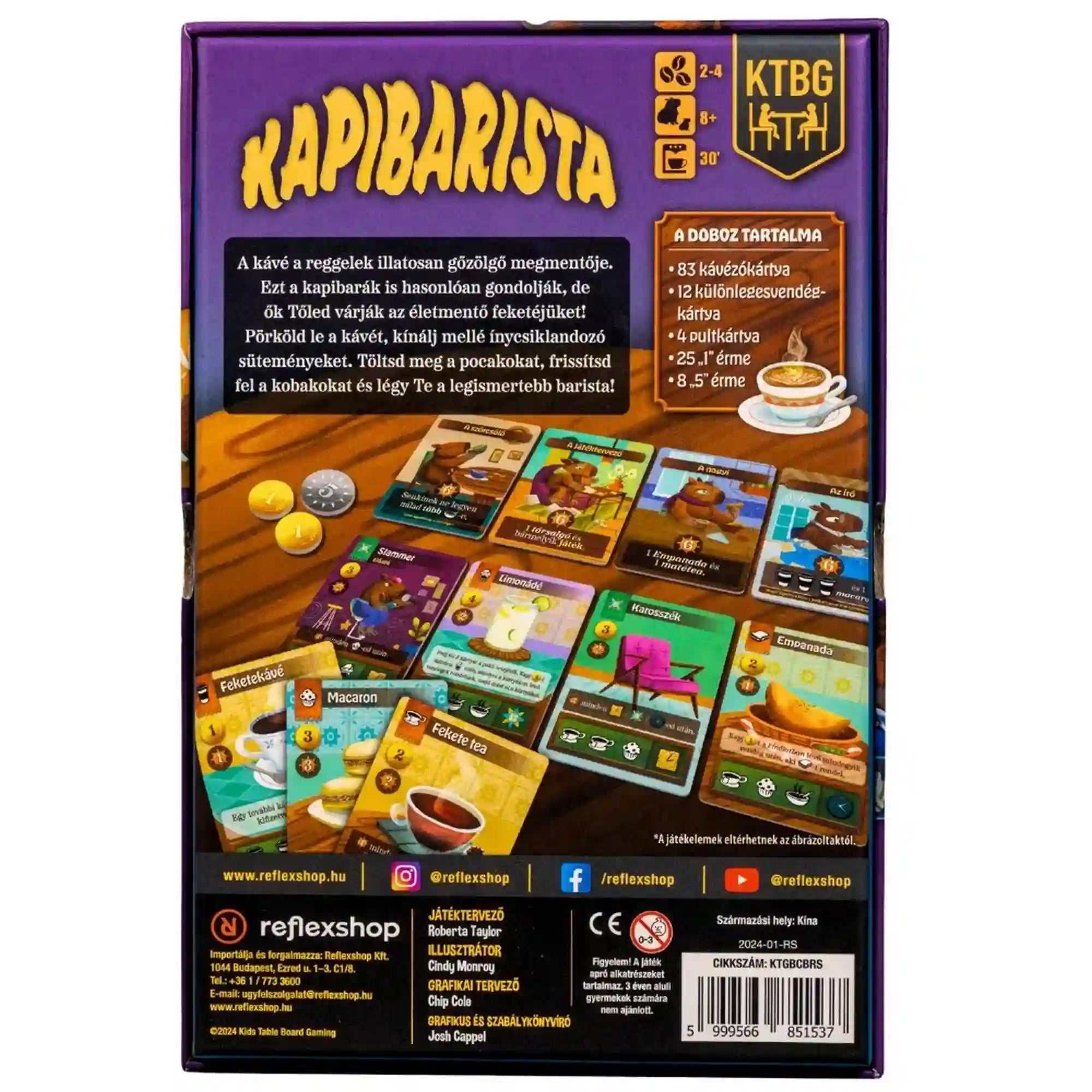 Kapibarista magyar nyelvű társasjáték doboz hátoldal, játékleírással és kártyapéldákkal.