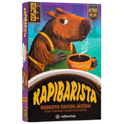 Kapibarista magyar nyelvű társasjáték doboz elölnézet, kapibara barista illusztrációval.
