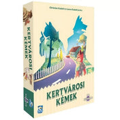 A Kertvárosi kémek társasjáték doboza, amelyen két állati kém árnyéka látható egy kertvárosi utcán.