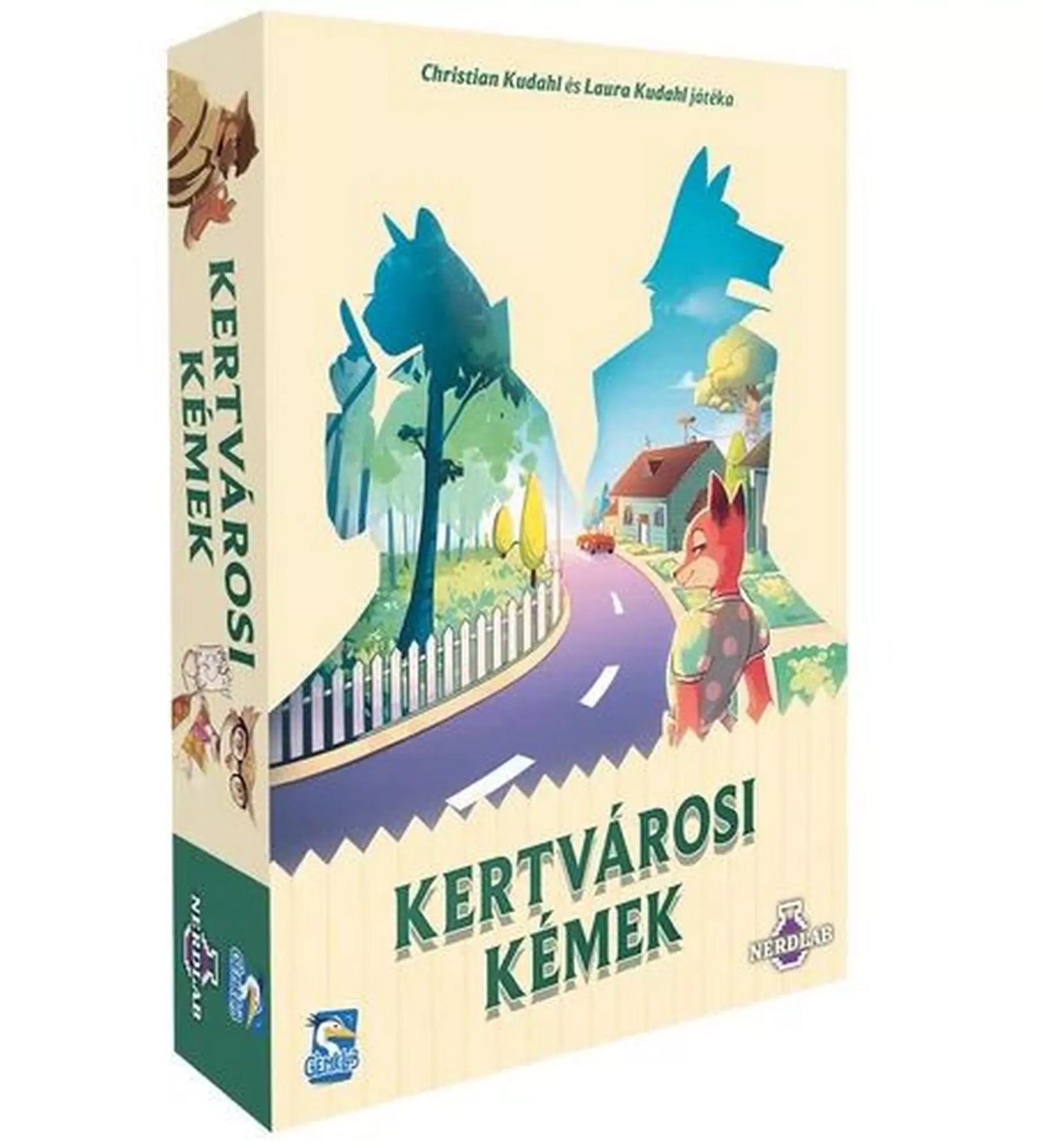 A Kertvárosi kémek társasjáték doboza, amelyen két állati kém árnyéka látható egy kertvárosi utcán.