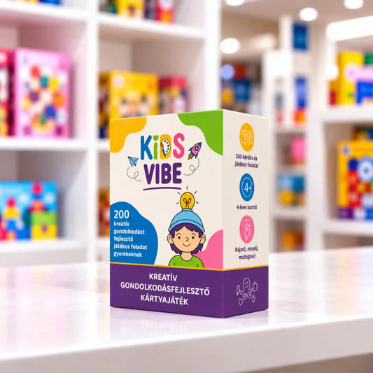 Kids Vibe kreatív gondolkodást fejlesztő kártyajáték színes doboza, 200 játékos feladattal gyerekeknek.