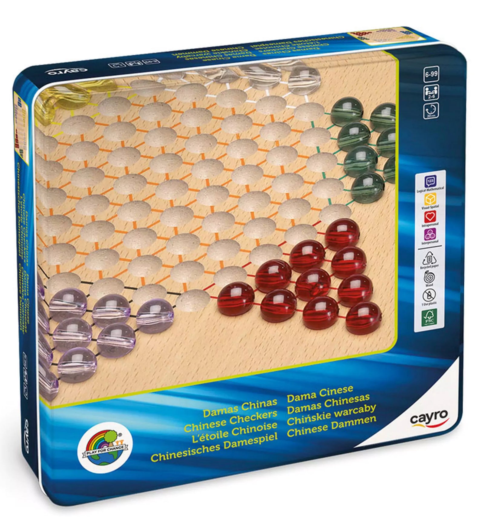  A Cayro márkájú Chinese Checkers (kínai dáma) társasjáték doboza, amely fából készült játéktáblát és színes üveggolyókat tartalmaz; a doboz előlapján részben látható a játék tábla és a szabályok ikonjai is.