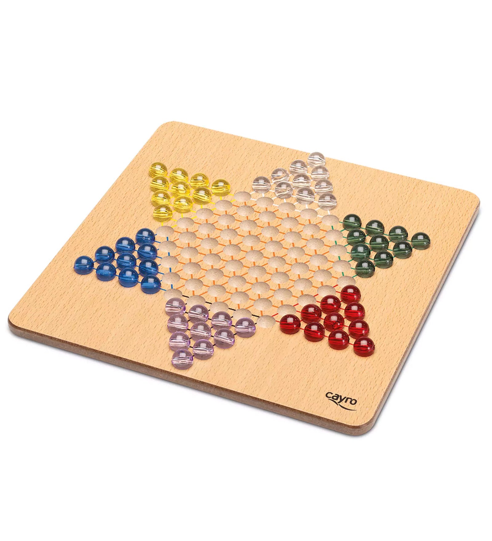  A Cayro Chinese Checkers társasjáték hatágú csillag alakú fa játéktáblája, minden csúcsán más színű (piros, zöld, sárga, átlátszó, lila, kék) golyókkal elhelyezve.