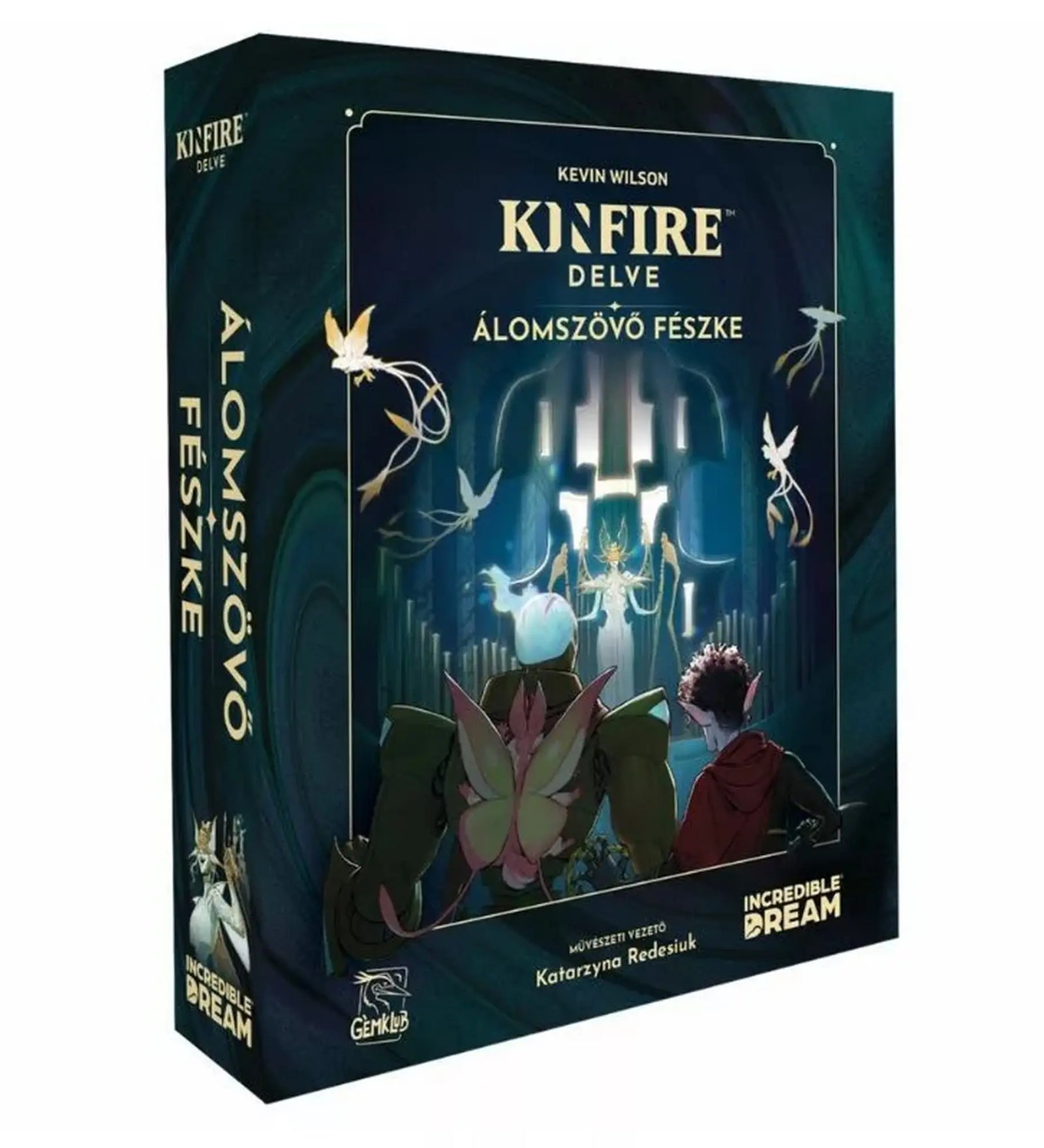 Kinfire Delve Álomszövő fészke társasjáték dobozkép, fantasy jelenettel és hősökkel a Kút mélyén Álomszövő ellen