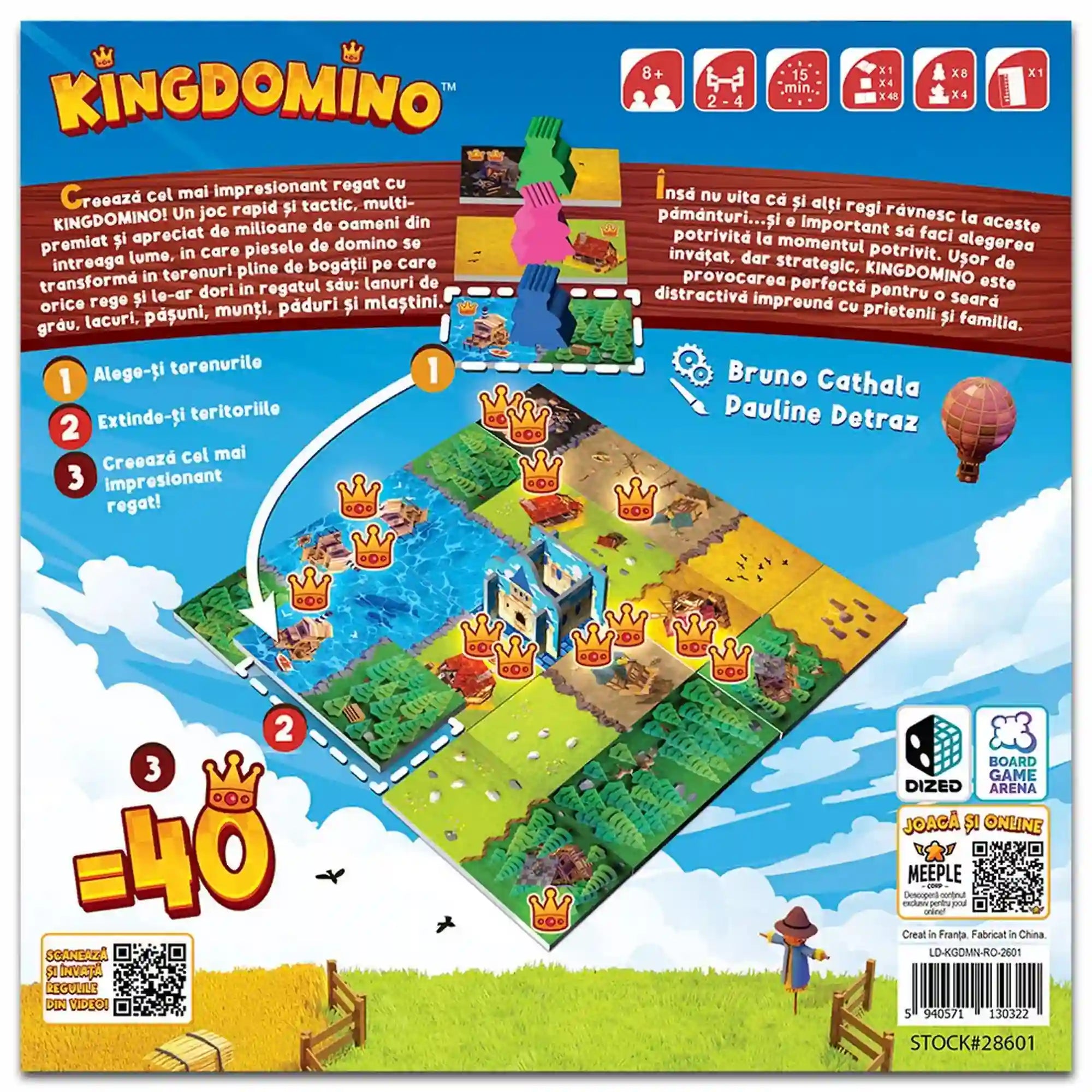 Kingdomino jubileumi kiadás, román nyelvű társasjáték dobozának hátoldala, román játékleírással és illusztrált királyságépítési példával.