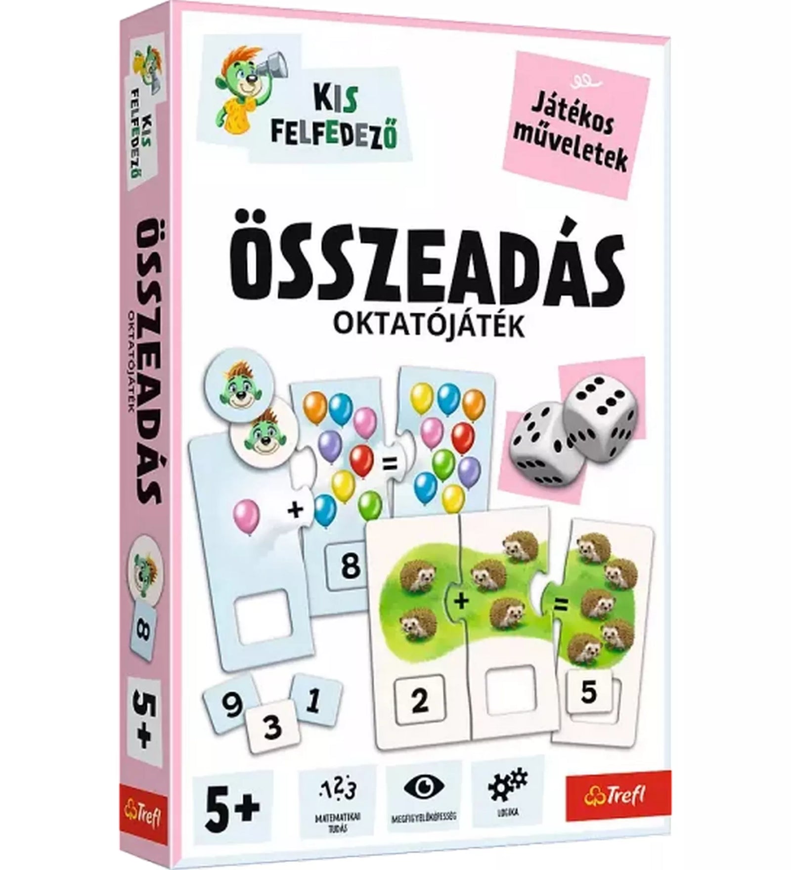 Kis felfedező: Összeadás oktatójáték doboza, színes kirakós elemekkel, dobókockákkal és összeadást bemutató illusztrációkkal, 5 éves kortól.