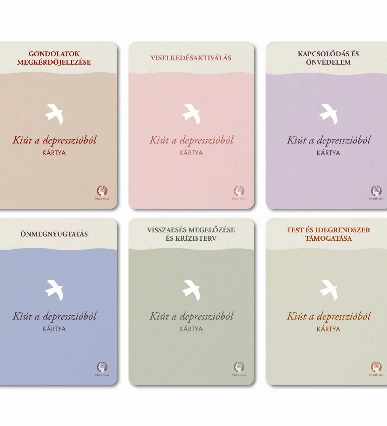 Kiút a depresszióból kártyák hat kategóriája, színkódolt lapokkal a depresszió kezelését támogató témakörök szerint.
