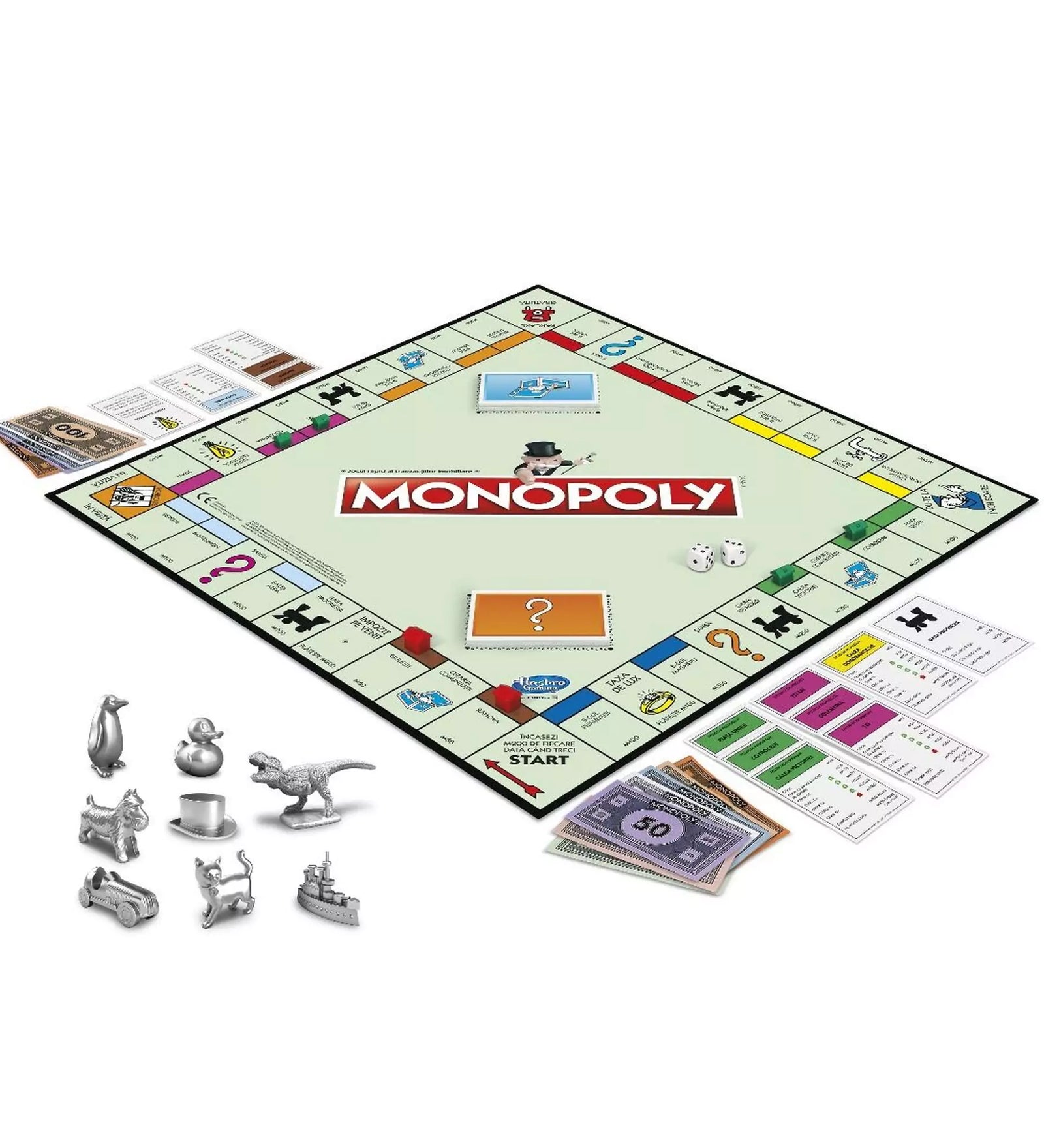 Monopoly Classic társasjáték kibontva, játéktáblával, pénzzel, kártyákkal és 10 féle fém bábuval, köztük dínóval és hajóval.