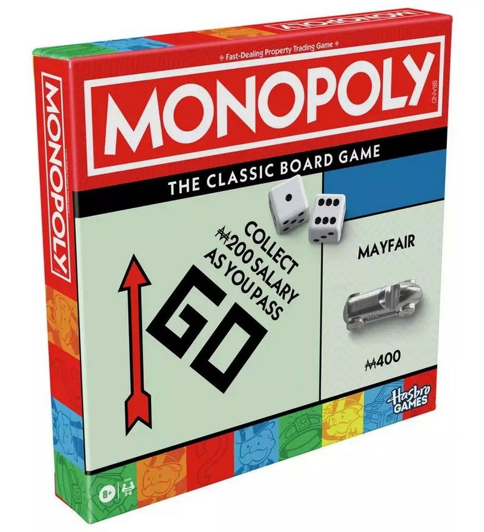 A Klasszikus Monopoly (Refresh) angol nyelvű társasjáték doboza látható piros-fehér dizájnnal, a híres “GO” mezővel, dobókockákkal és autó bábúval. A Hasbro Games logó a sarokban található.