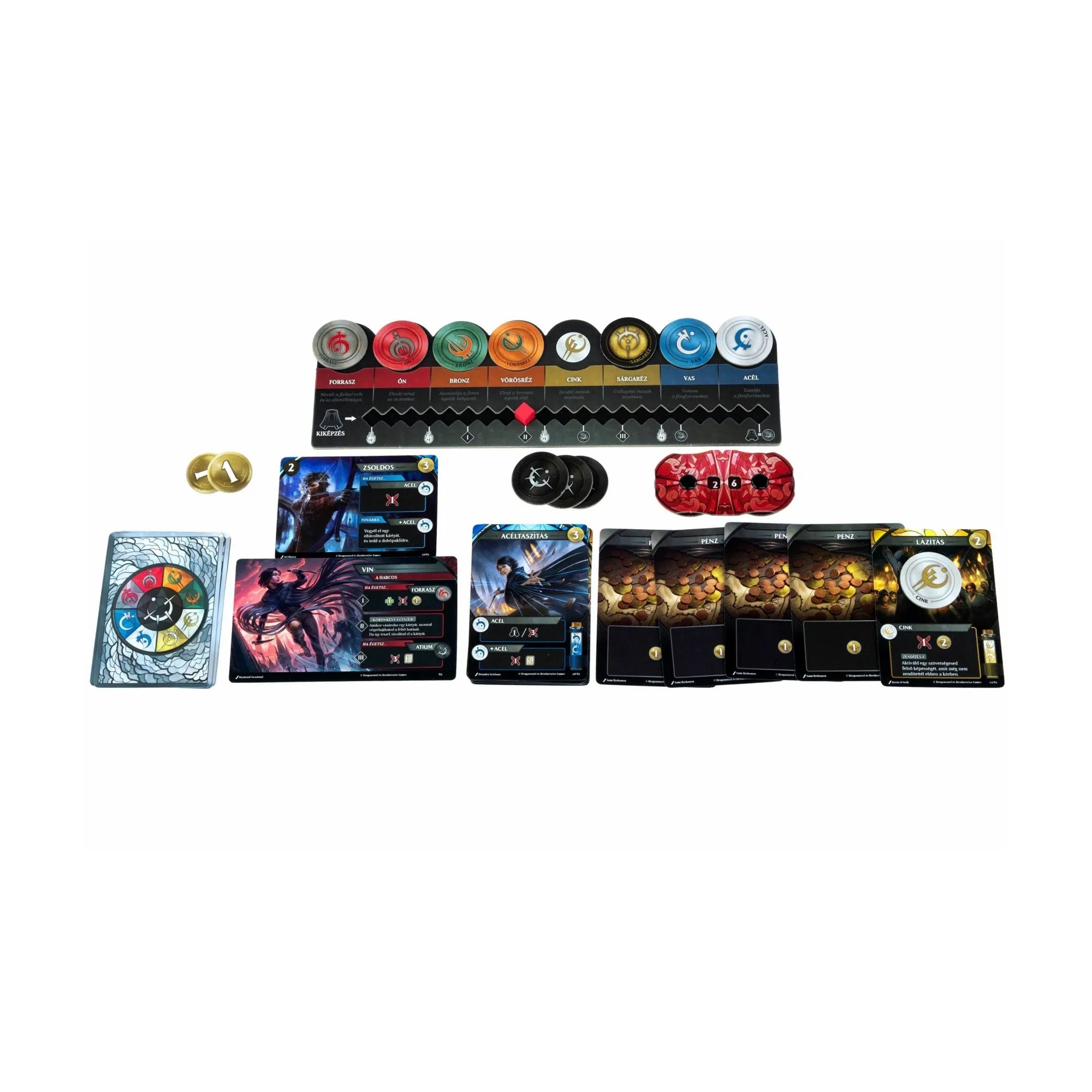 A Ködszerzet – A pakliépítő játék komponensei játék közben: karakterkártyák, fémkorongok, pénzjelölők és akciókártyák.