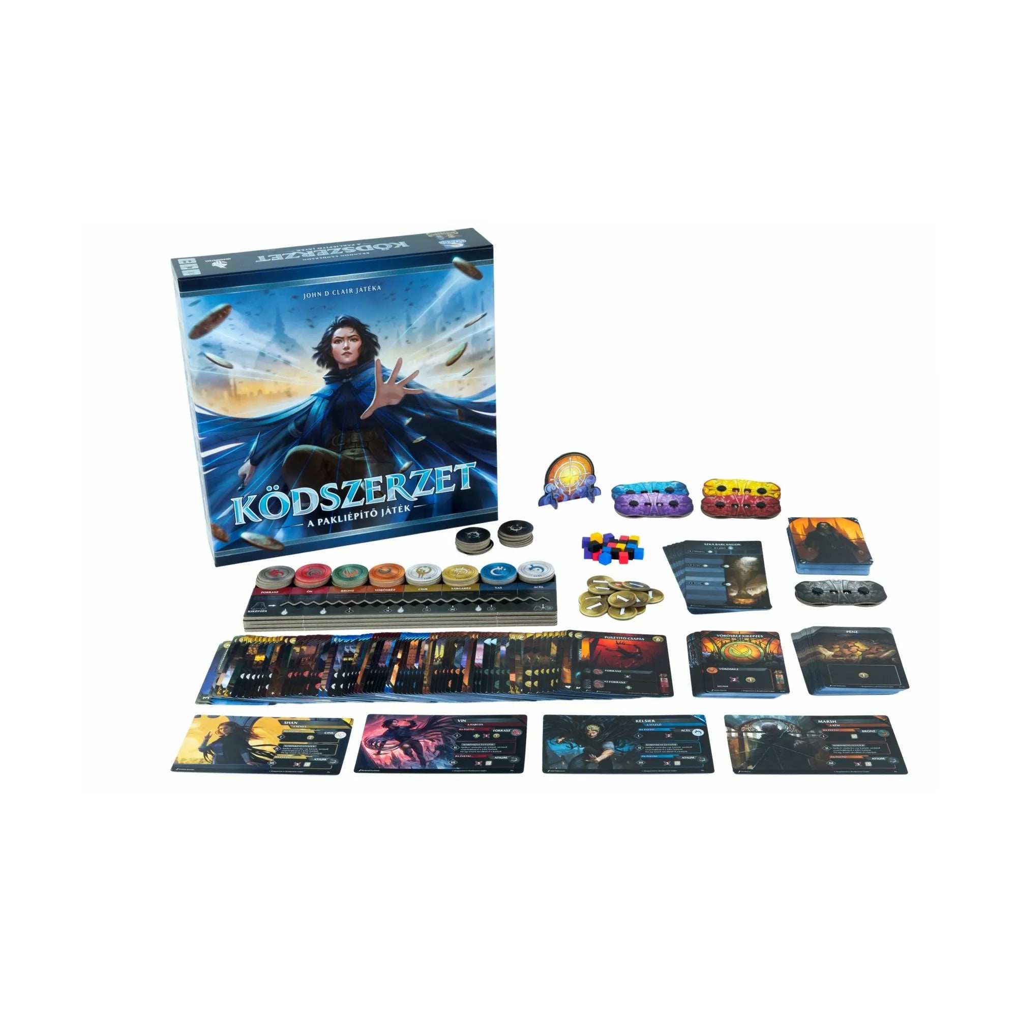 A Ködszerzet – A pakliépítő játék teljes tartalma kibontva: játéktábla, fémkorongok, kártyák, jelölők és a játék doboza.