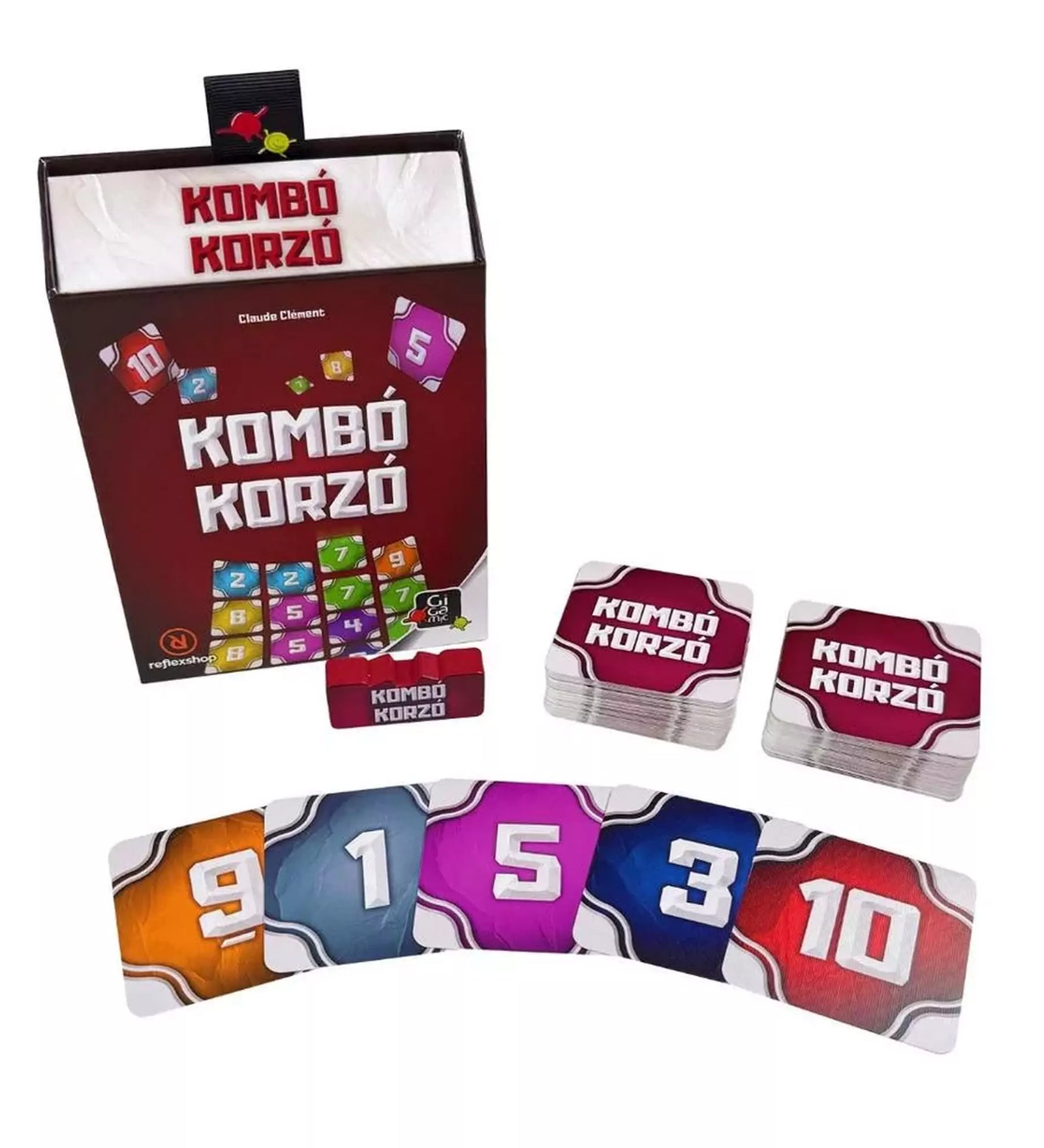 A Kombó Korzó társasjáték tartalma: kártyapaklik és számos, színes játékkártyák kiterítve a doboz mellett.