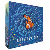 Korallzátony társasjáték doboza bohóchal illusztrációval, kék tengeri háttérrel