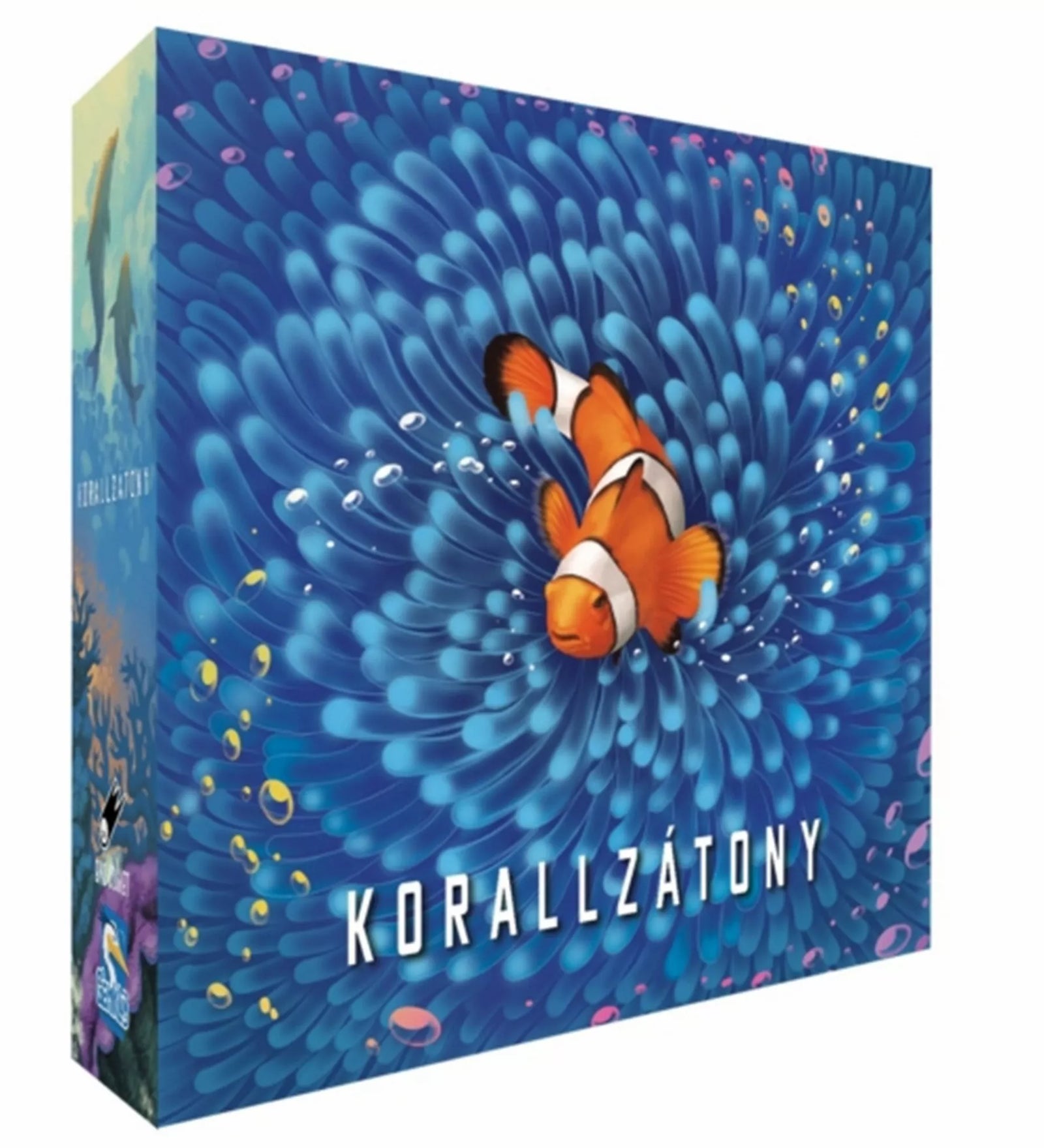 Korallzátony társasjáték doboza bohóchal illusztrációval, kék tengeri háttérrel