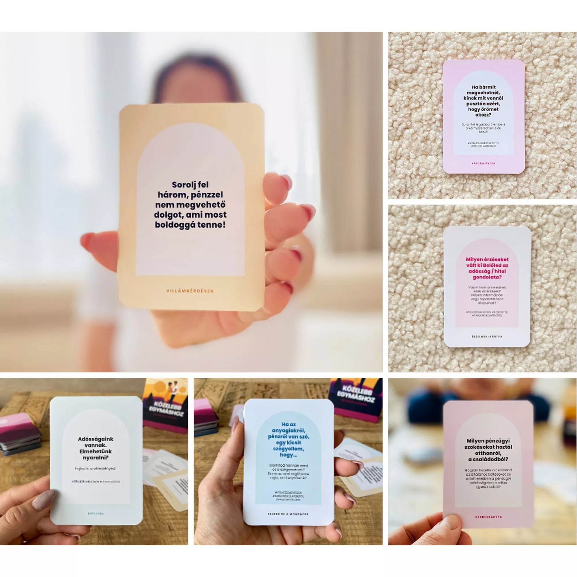 Közelebb egymáshoz kártyajáték különböző színű lapjai, amelyeken pénzről és kapcsolatokról szóló kérdések láthatók, kézben tartva és asztalon elhelyezve.