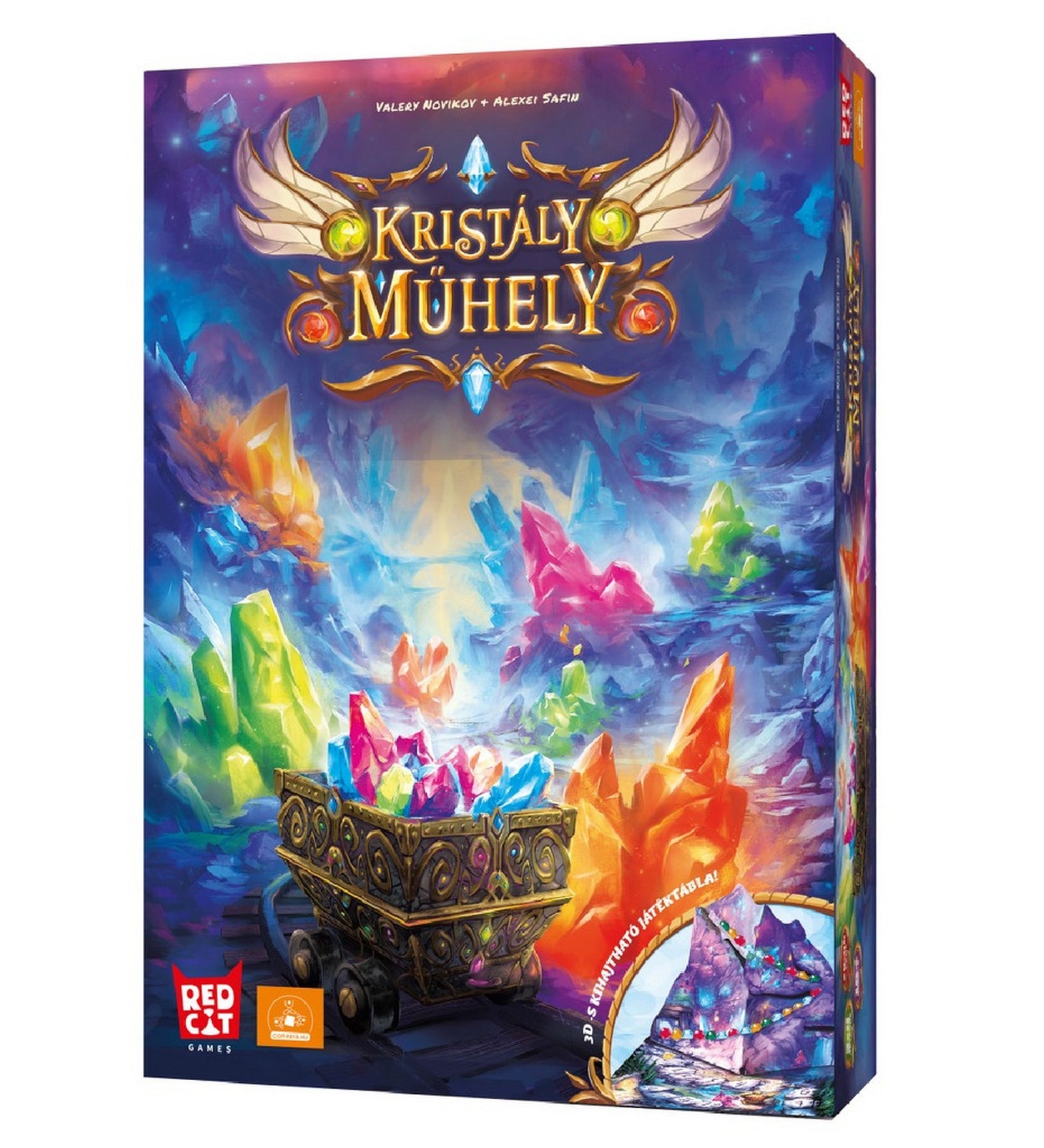 Kristály Műhely társasjáték doboza elölnézetből, színes drágakristályokkal teli bányával és varázslatos fantasy illusztrációval