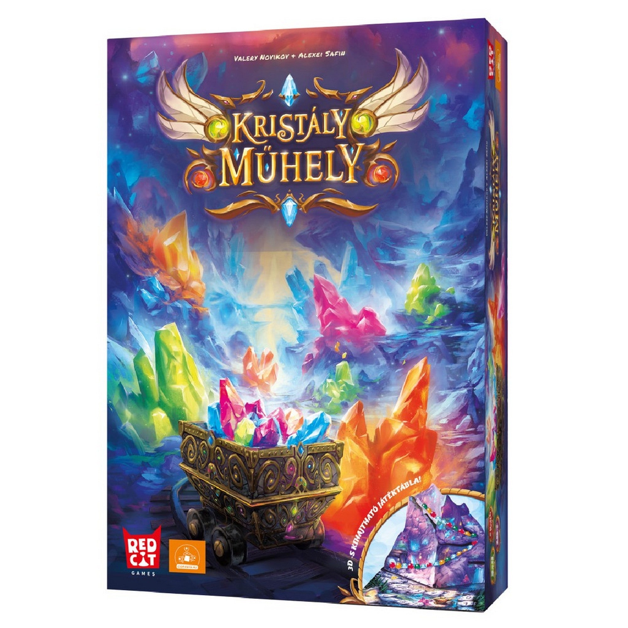 Kristály Műhely társasjáték doboza elölnézetből, színes drágakristályokkal teli bányával és varázslatos fantasy illusztrációval