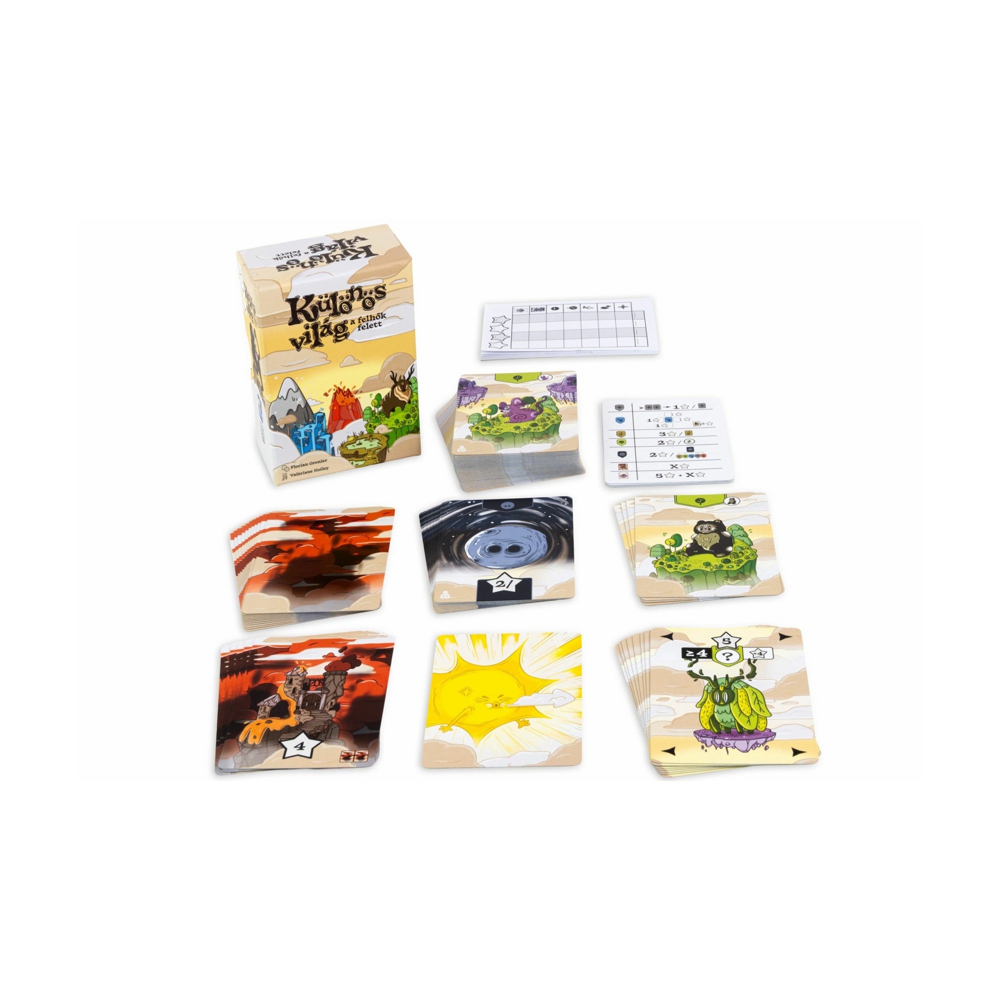 A Különös világ társasjáték teljes tartalma: a doboz, kártyapaklik, segédlapok és pontozótábla. A lebegő szigeteket, vulkánokat és dimenziókapukat ábrázoló kártyák a világépítés alapját képezik.