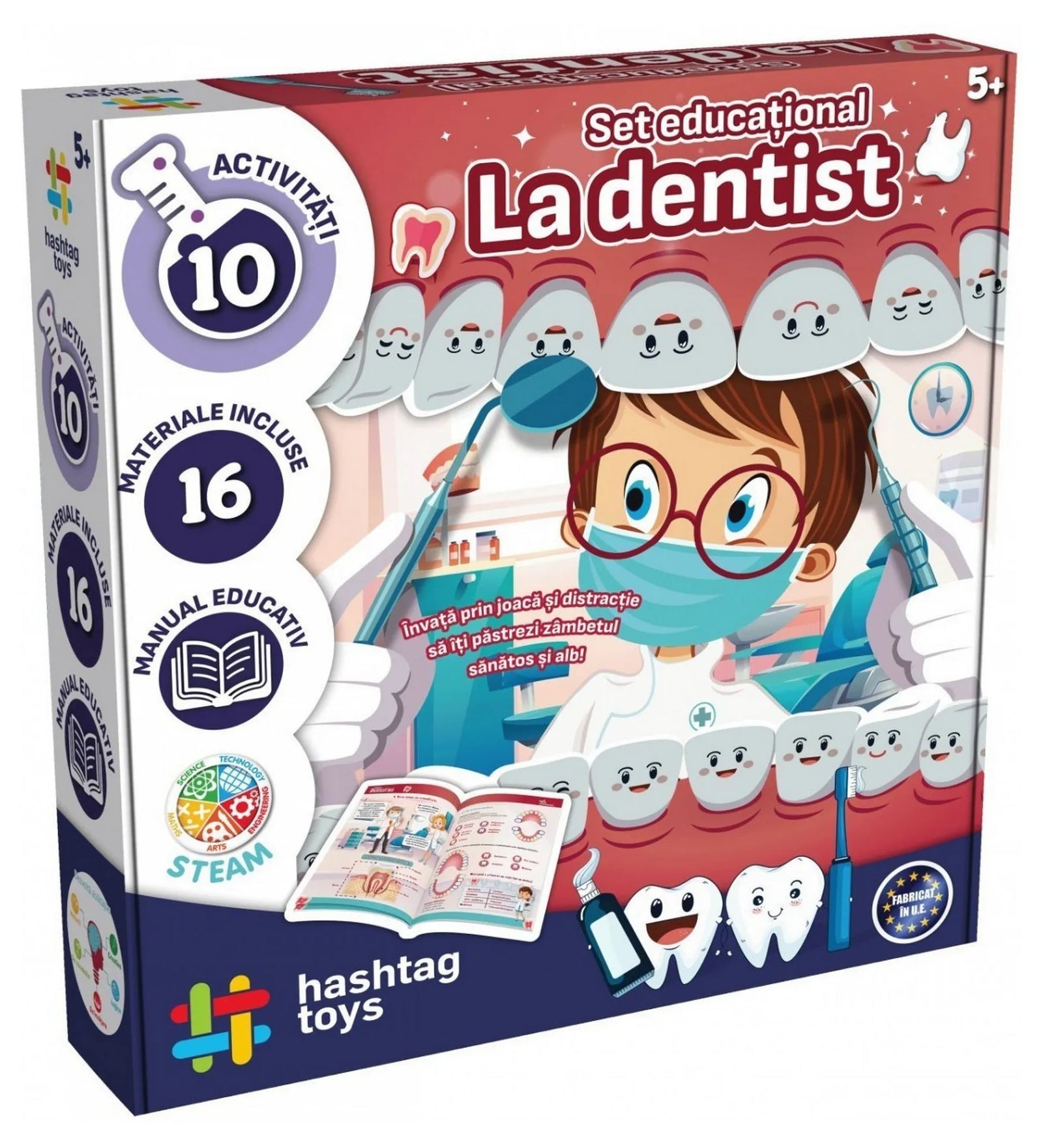 A Prima Mea Trusă de Dentist oktatókészlet doboza gyerekbarát illusztrációkkal, fogacskákkal és fogorvosi eszközökkel, 5+ korosztálynak.
