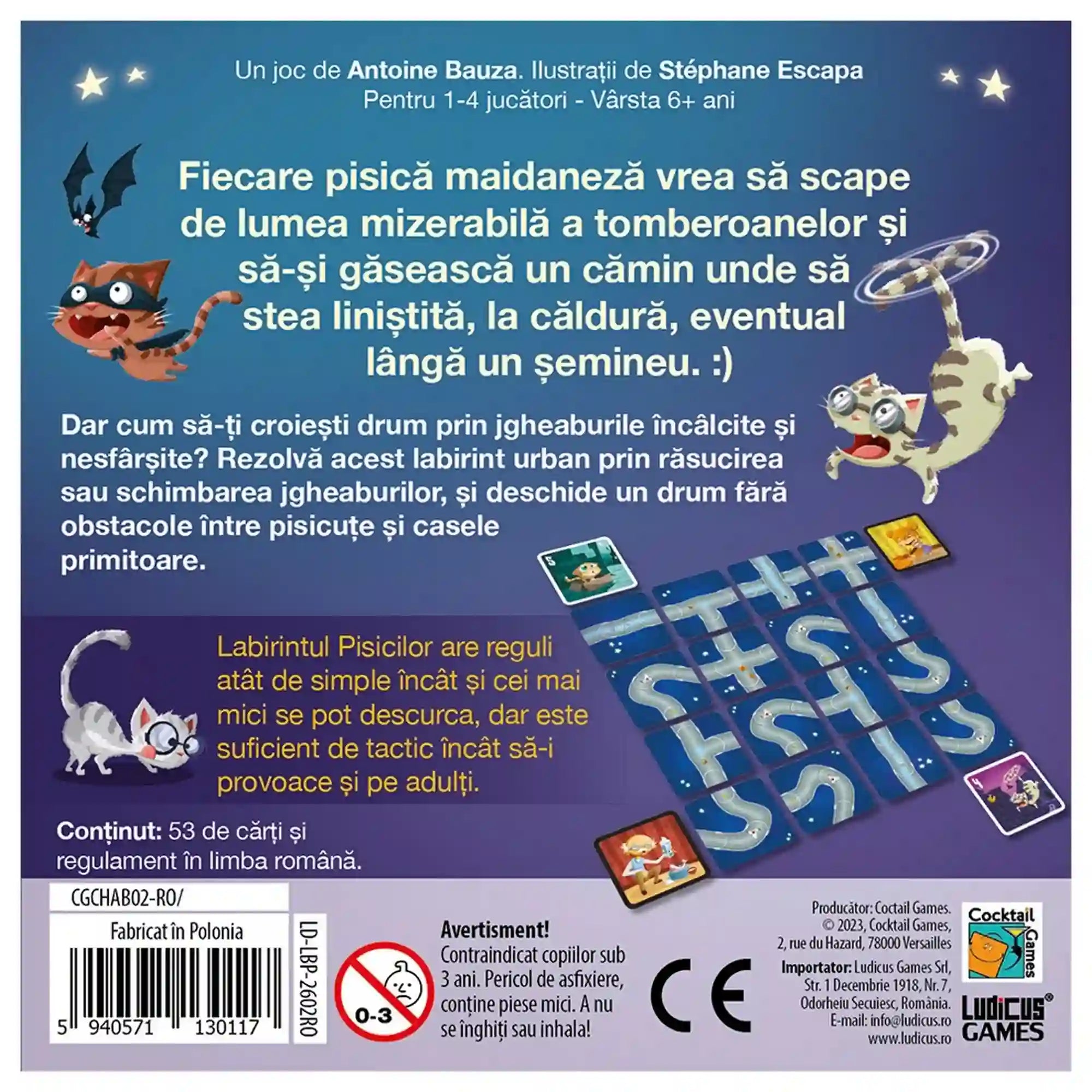 A Labirintul Pisicilor társasjáték dobozának hátoldala román leírással, rajzolt cicákkal és az ereszcsatorna-kártyákból kialakított városi labirintussal