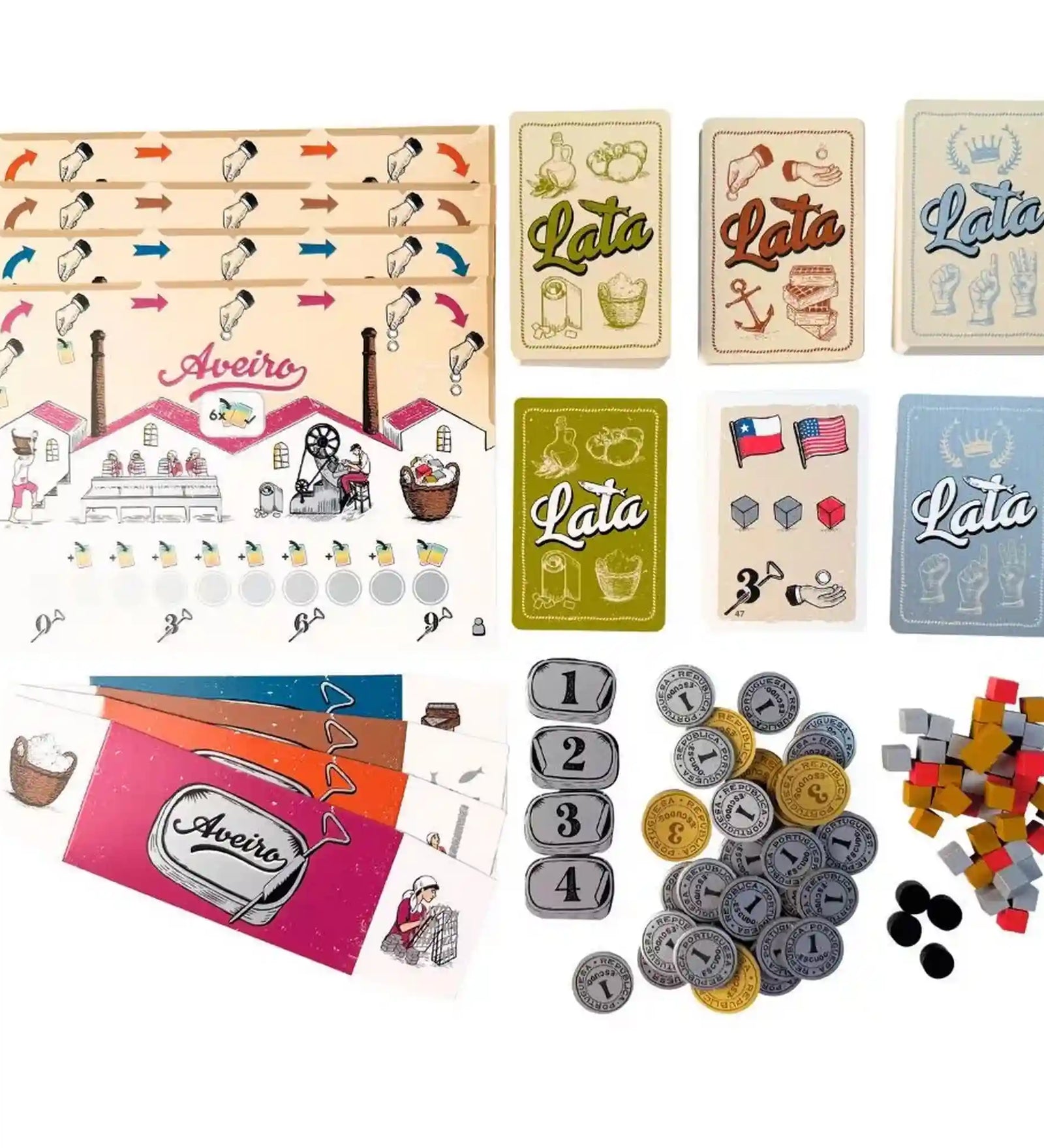 A Lata társasjáték teljes tartalma: gyártáblák, kártyapaklik, konzervgyár-paravánok, escudo érmék, fa kockák, jelölők és egyéb játékelemek.