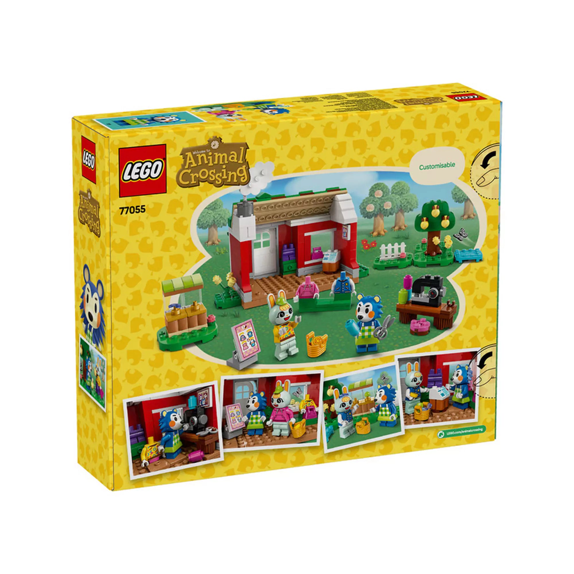 LEGO Animal Crossing Able Sisters Ruhabolt 77055 hátoldala, amely megmutatja a játék sokoldalúságát és testreszabhatóságát a különböző elrendezésekkel.