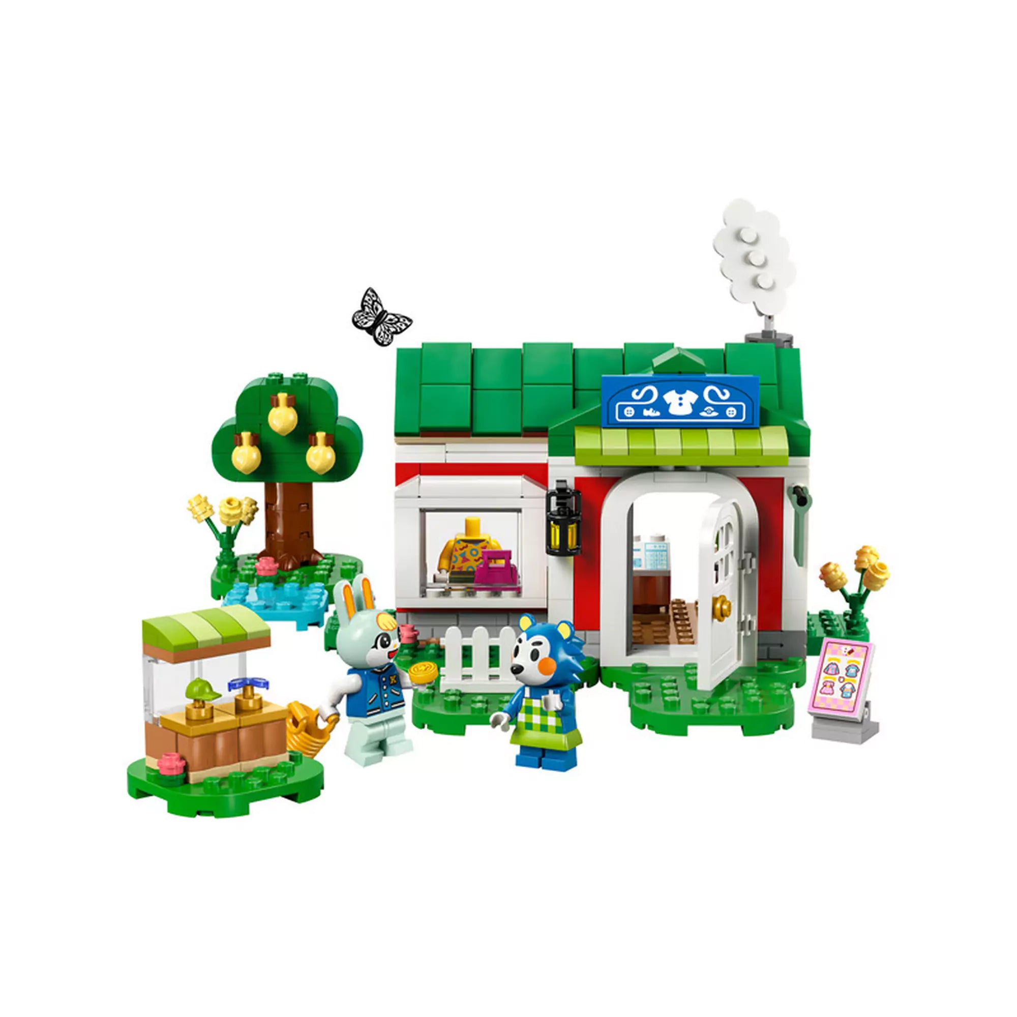  LEGO Animal Crossing Able Sisters Ruhabolt 77055, az összerakott szett részletei: ruhabolt, barackfa, szökőkút, és a minifigurák akcióban.