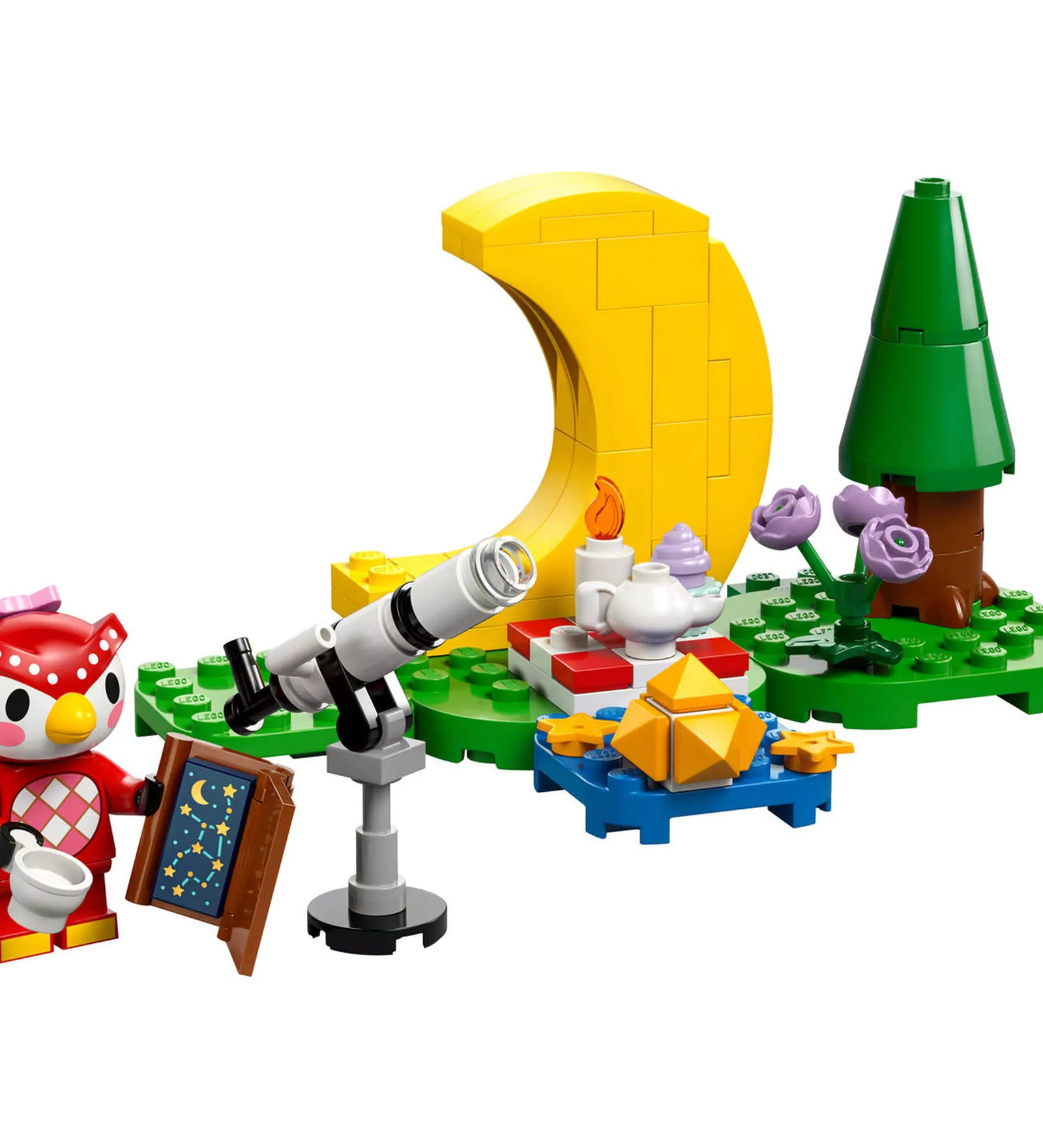LEGO Animal Crossing-Csillagnézés Celeste-tel (77053) teljes szett kibontva, a teleszkóppal, fával, csillagokkal és Celeste-tel a háttérben.