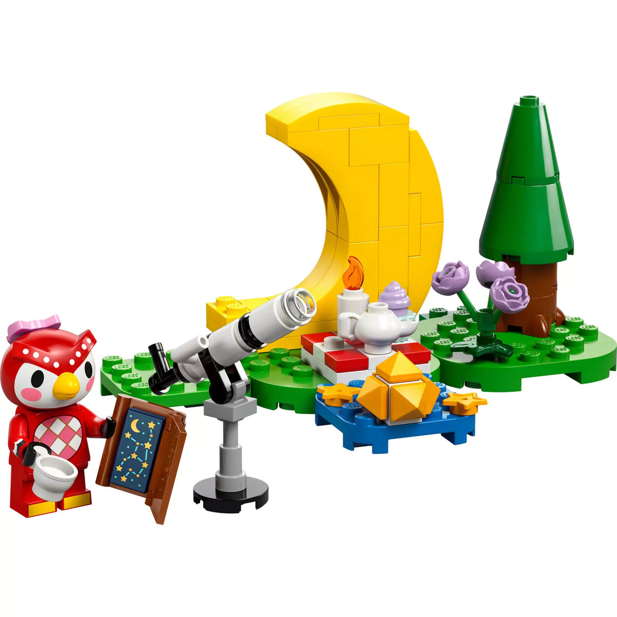 LEGO Animal Crossing-Csillagnézés Celeste-tel (77053) teljes szett kibontva, a teleszkóppal, fával, csillagokkal és Celeste-tel a háttérben.