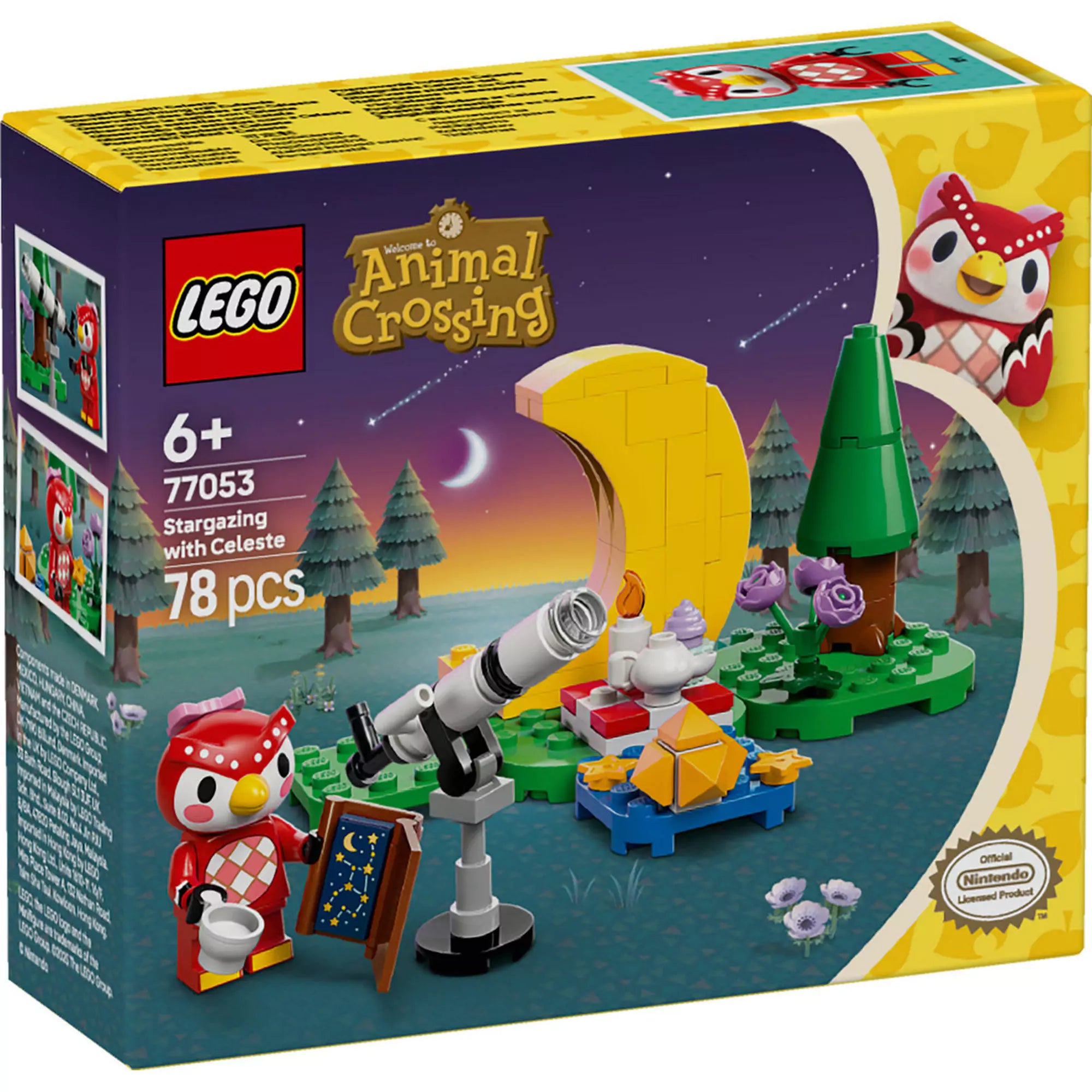 LEGO Animal Crossing-Csillagnézés Celeste-tel (77053) doboza, amely a teleszkópos csillagászati szettet és a bagoly minifigurát ábrázolja.