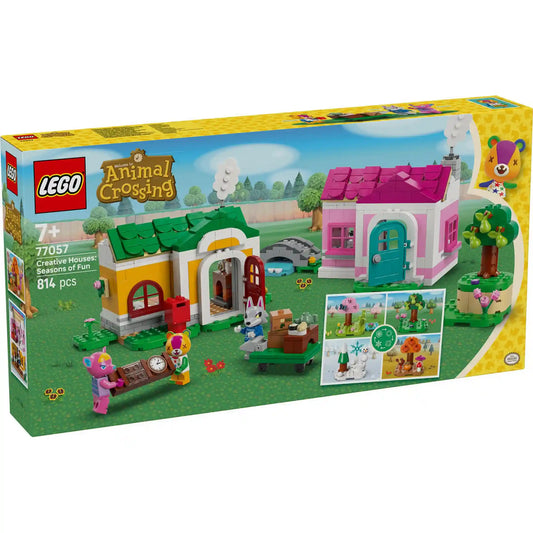 LEGO Animal Crossing: Kreatív házak: vidám évszakok 77057 készlet doboza, két színes házzal, állatfigurákkal és fákkal.
