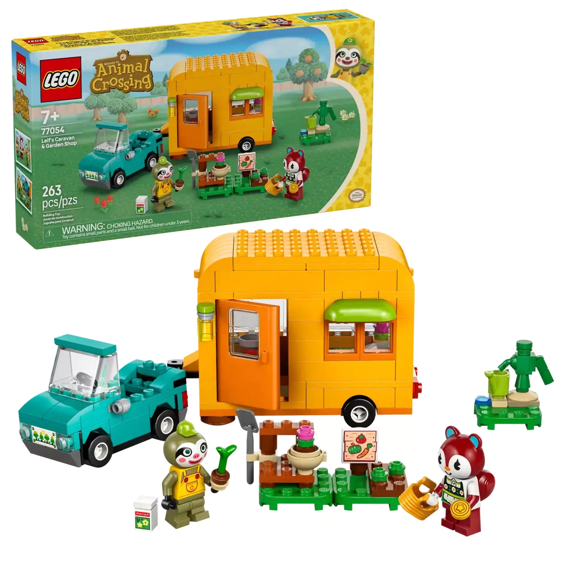 LEGO Animal Crossing készlet – Leif karavánja és kertészeti boltja (77054), dobozkép és összeszerelt modell a karakterekkel és tartozékokkal.