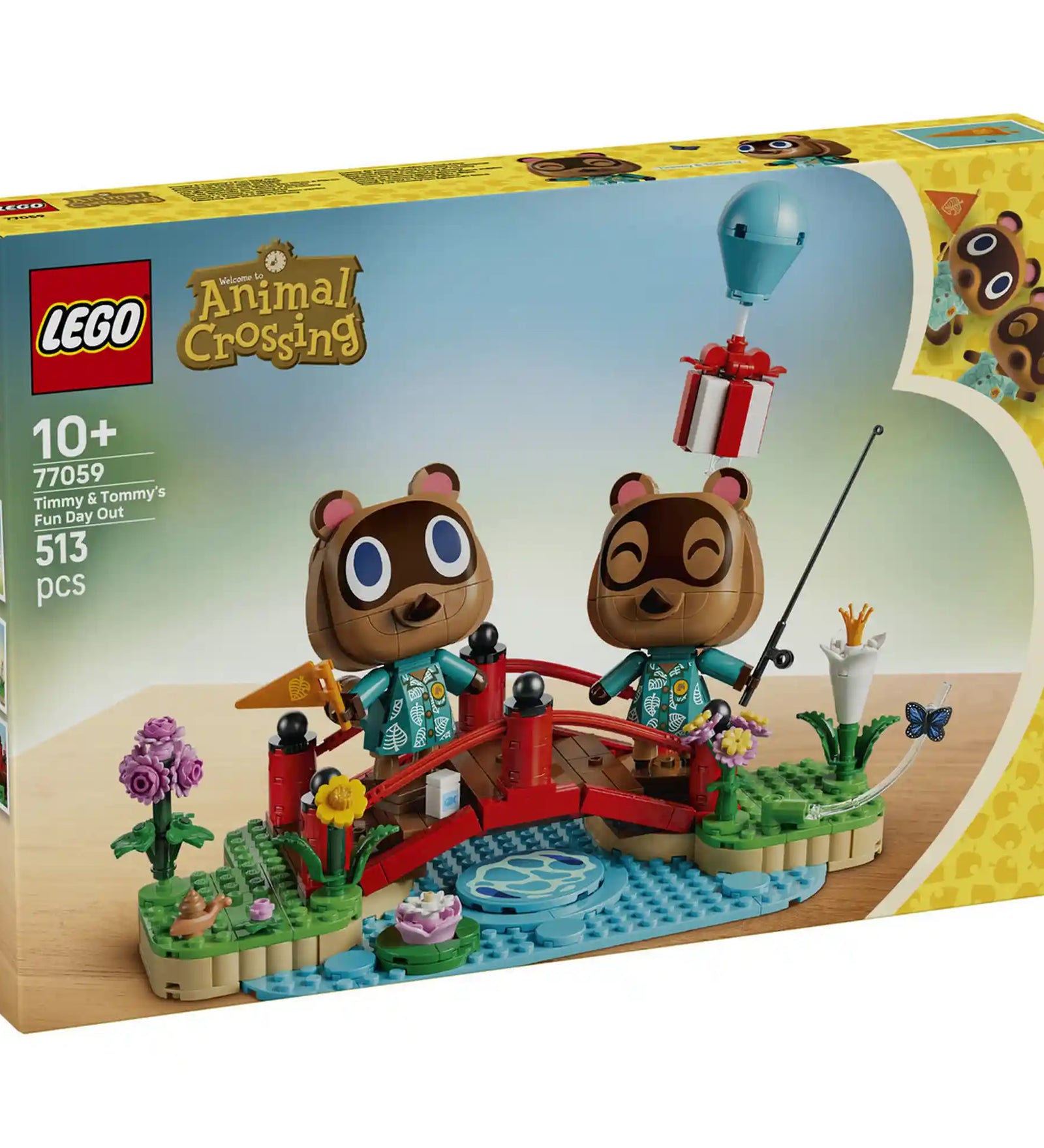 A LEGO Animal Crossing: Timmy és Tommy vidám kirándulása 77059 készlet doboza, amely a 513 darabos építőkészletet, Timmy és Tommy figuráit, valamint a piros hidas, tóparti Animal Crossing jelenetet ábrázolja.