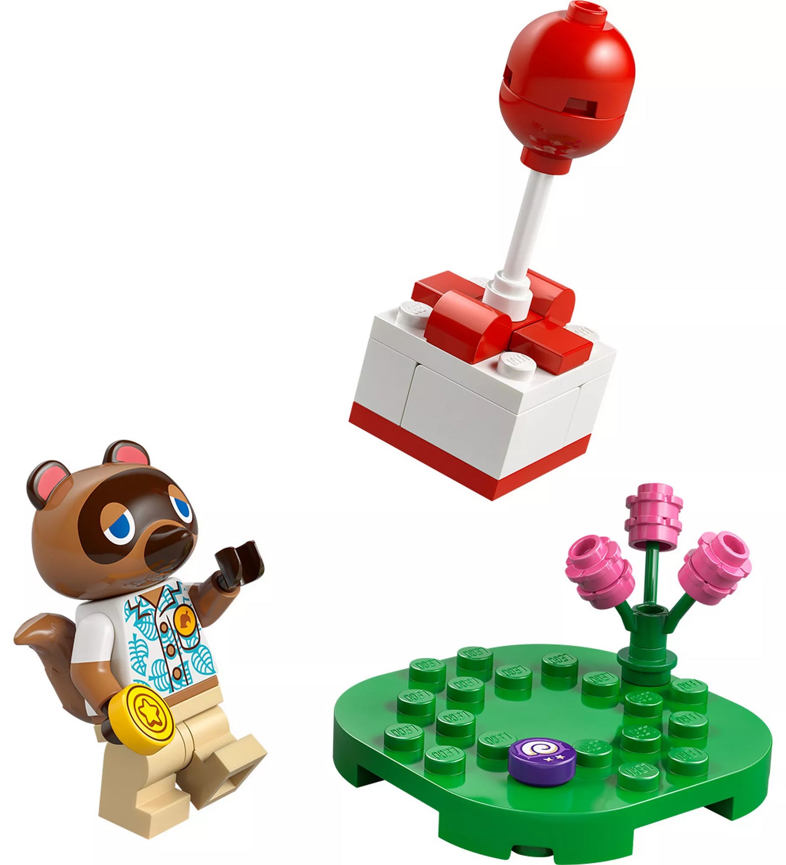 LEGO Animal Crossing 30731 Tom Nook figura zöld alapon virággal és lebegő ajándékkal piros lufival.