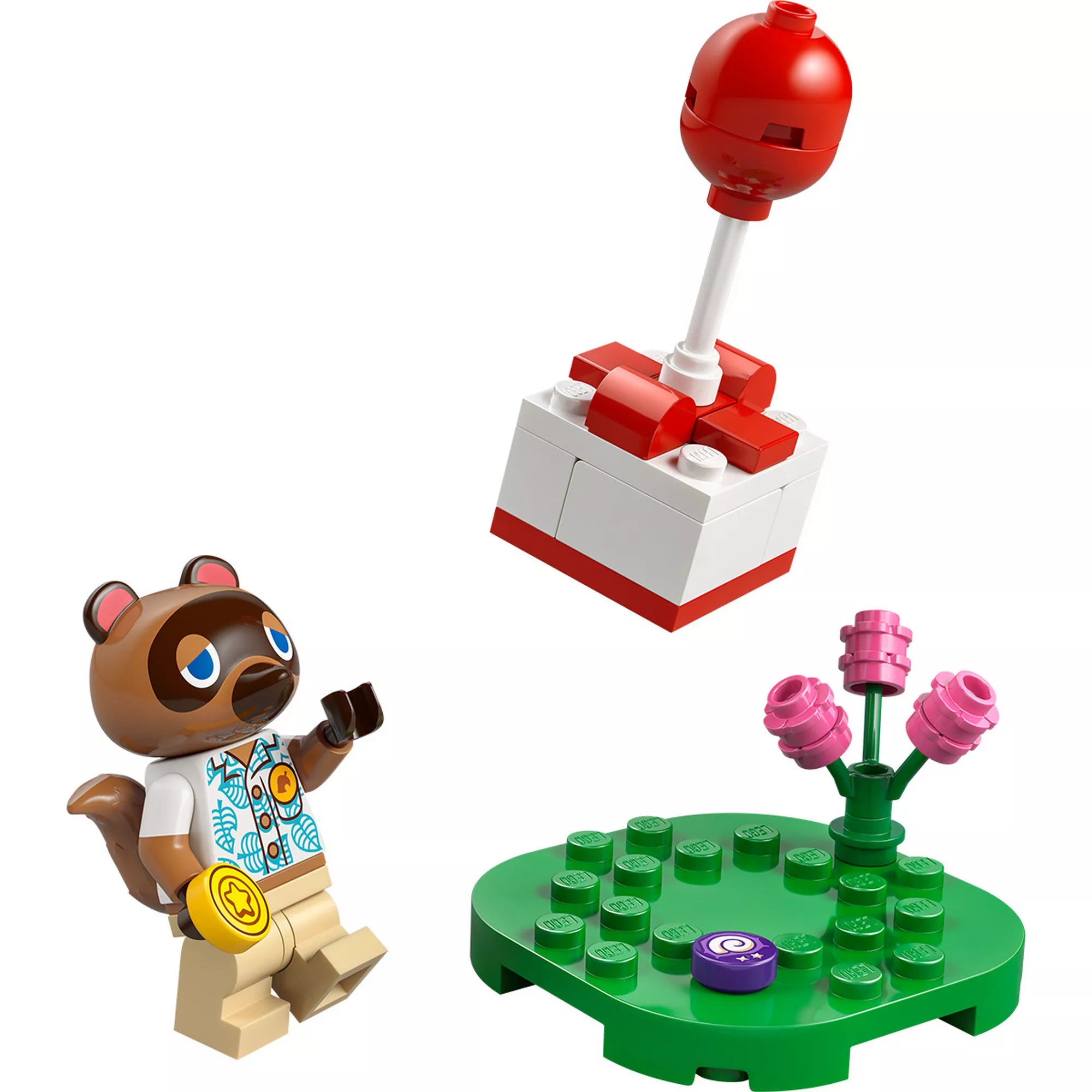 LEGO Animal Crossing 30731 Tom Nook figura zöld alapon virággal és lebegő ajándékkal piros lufival.
