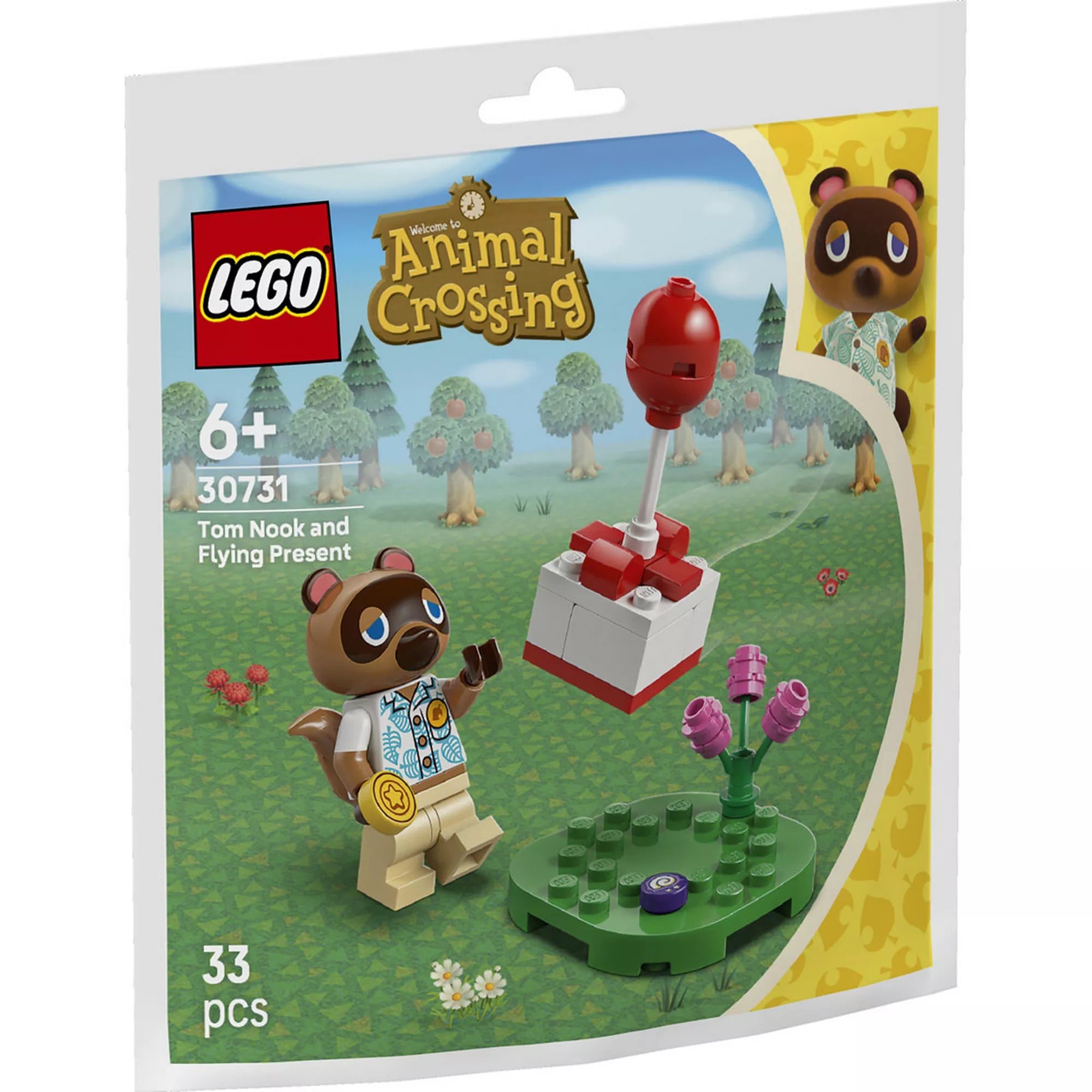 LEGO Animal Crossing Tom Nook és repülő ajándék 30731 dobozkép, Tom Nook minifigurával és piros lufis ajándékkal.