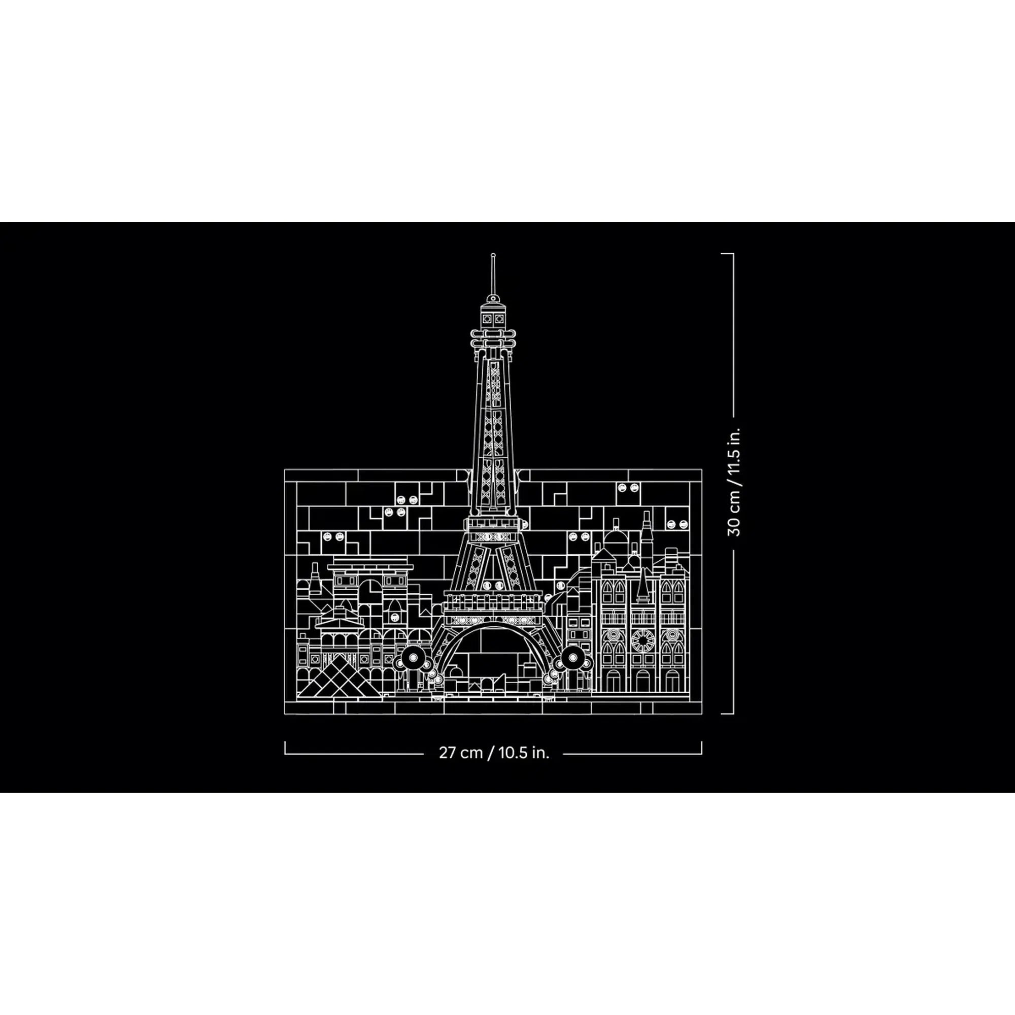 LEGO Architecture: Párizs, a szerelem városa 21064 – Műszaki rajz a modell méreteivel és a párizsi látkép vonalas ábrázolásával.